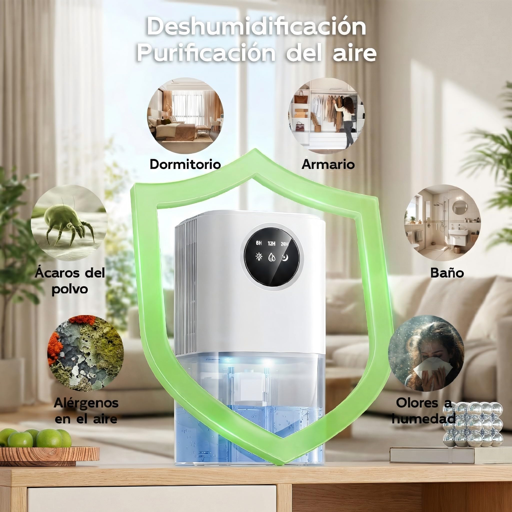 Deshumidificador Silencioso Bajo Consumo 1.8L - Deshumidificador Eléctrico Portátil con Modo Suspensión, Temporizador 24h y Apagado Automático - Ideal para Baño, Dormitorio y Armarios(560ml/día)