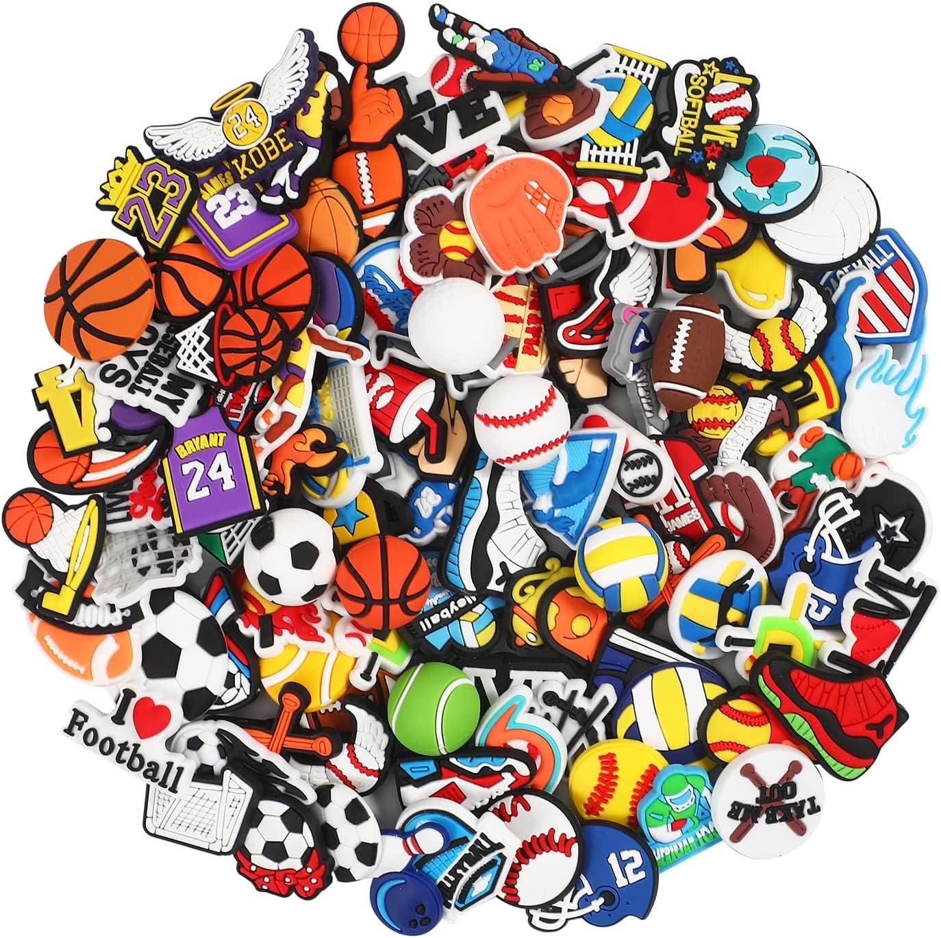 100Pcs Croc Sports Charms 7Pcs 3D Ball Charms and 93Pcs NonRepeat Sports Charms