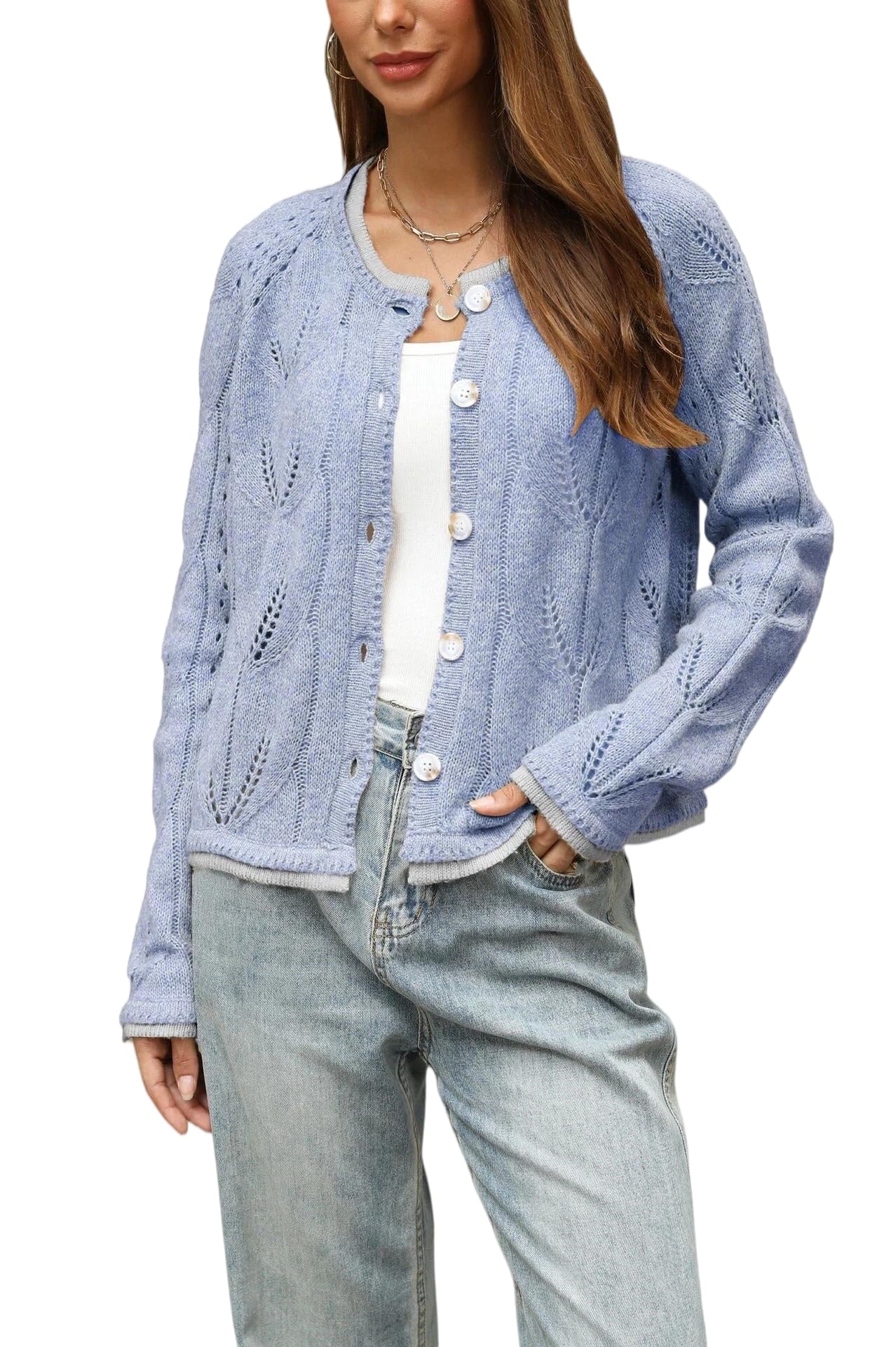 Cardigan Da Donna In Maglia Traforata Leggero Girocollo con Bottoni Sul Davanti Maniche Lunghe Giacca In Maglia Cardigan Casual Ampio Giacca Di Transizione per Ufficio E Abbigliamento Quotidiano