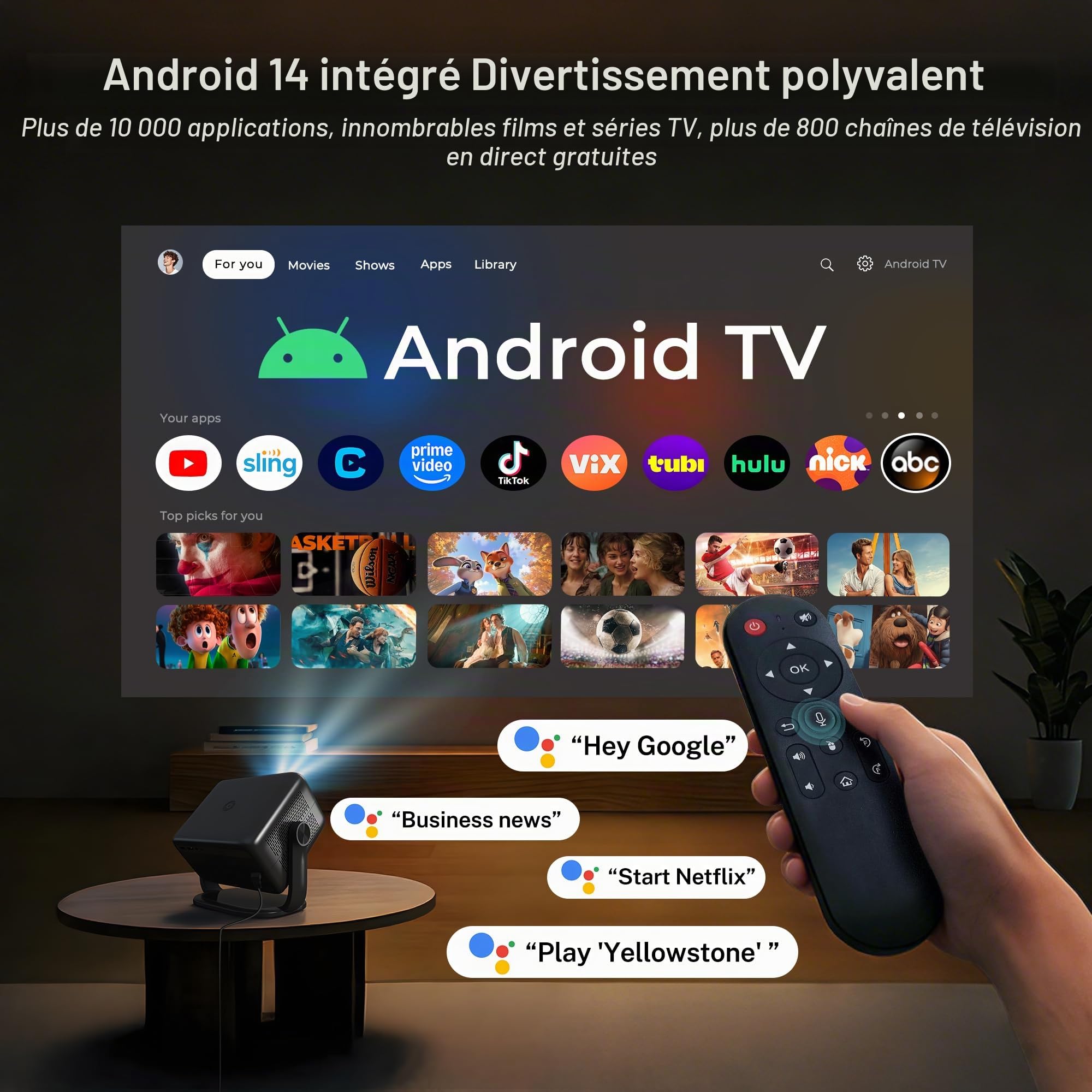 Smart Vidéoprojecteur Compatible 4K, Assistant Vocal IA&Contrôle App, HDR10 | Video Projecteur Android 14 1080P Natif Son Surround Rétroprojecteur, Autofocus/Keystone Portatif Projecteur Wi-Fi&Bluetooth