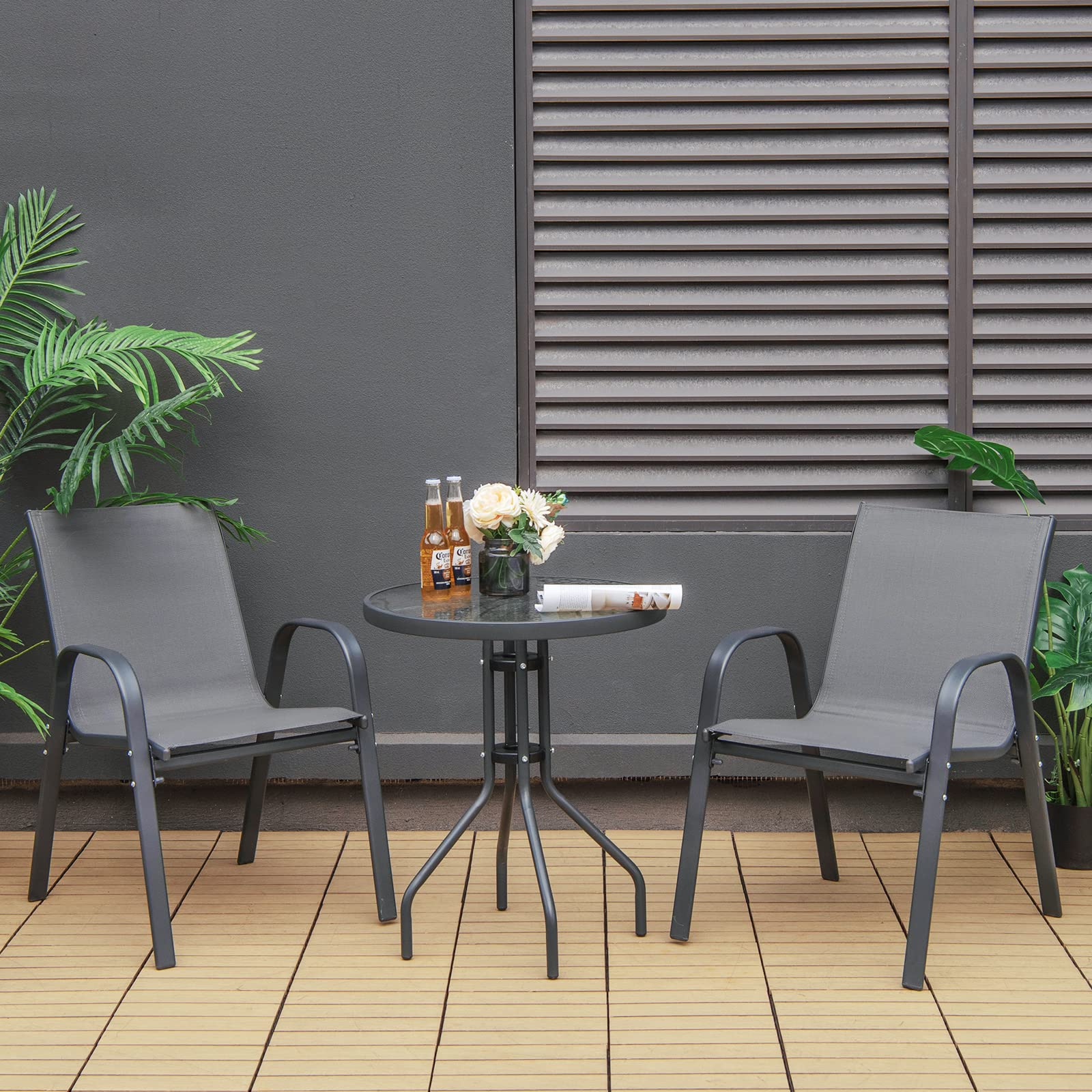 KOMFOTTEU Set da Bistrò in Tessuto Textilene, Set da Giardino in 3 Pezzi, Tavolo Rotondo in Vetro Portato 50 kg, Sedie Portate 150 kg, Set Tavolo e Sedie da Esterno, Patio, Cortile, Veranda (Nero)