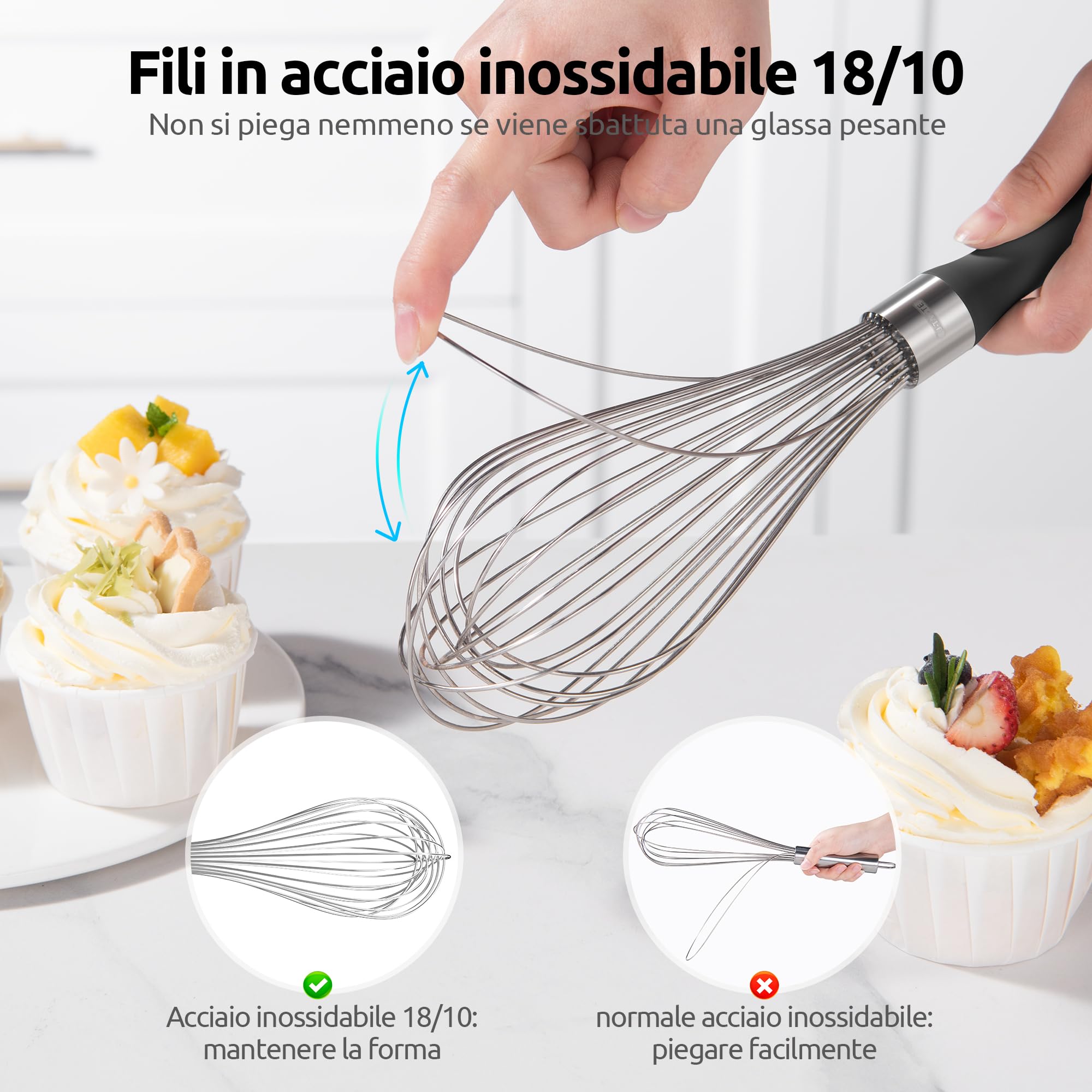 U-Taste Frusta da Cucina: 30 cm Grande Frusta a Palloncino in Acciaio Inox 18/10, con 12 Fili Altamente Flessibili e Manico in Silicone per Battere, Mescolare Impasti e Creme (Nero)