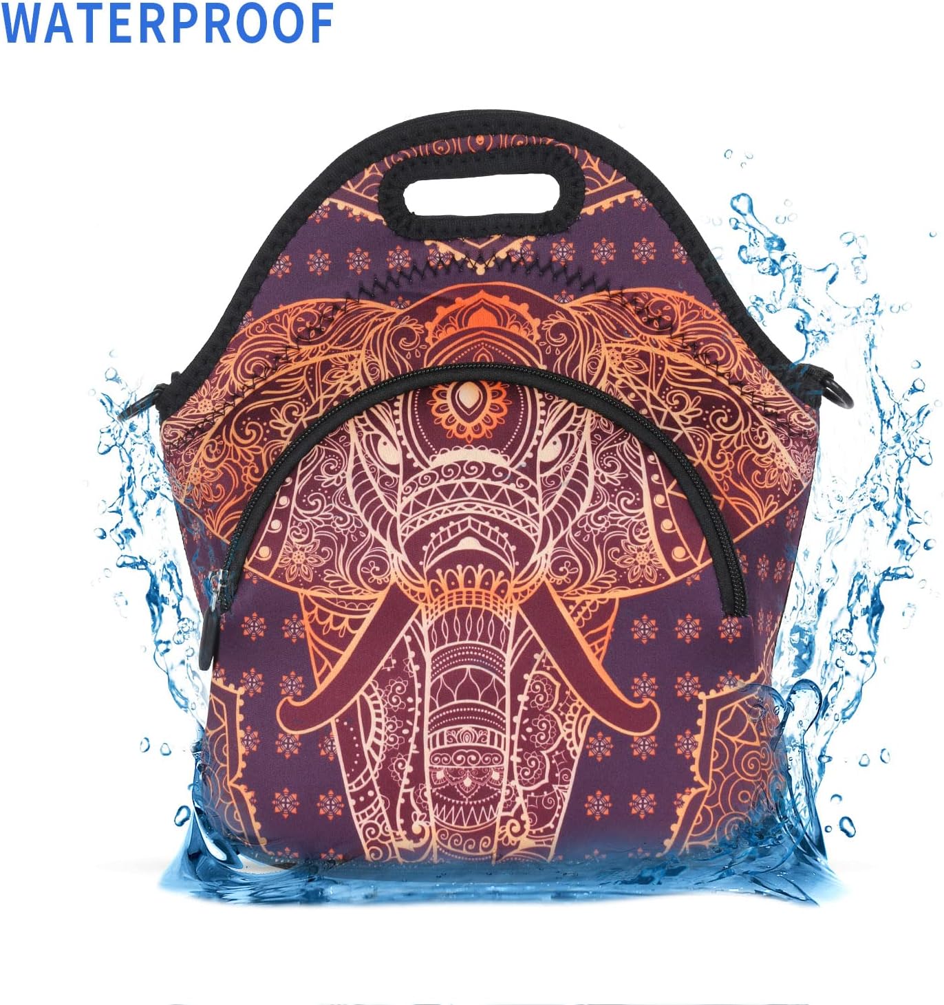 Violet Mist Neoprene Thermal Insulated Lunch Bag Cute Animal Lunch Bag Tote with Extra Pocket Detachable Adjustable Shoulder Lunchbox Food Handbags Picnic Work Gifts for Women men, Retro Elephant 2