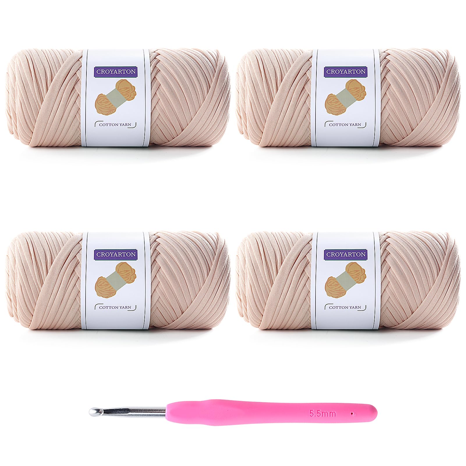 4 Pack Tshirt Yarn for Crocheting, Elastic T Shirt Spaghetti Thick Knitting Yarn Total Length 260 Yds for Crochet Bag Baskets Home Decor with 1 Crochet Hook (4-Beige)