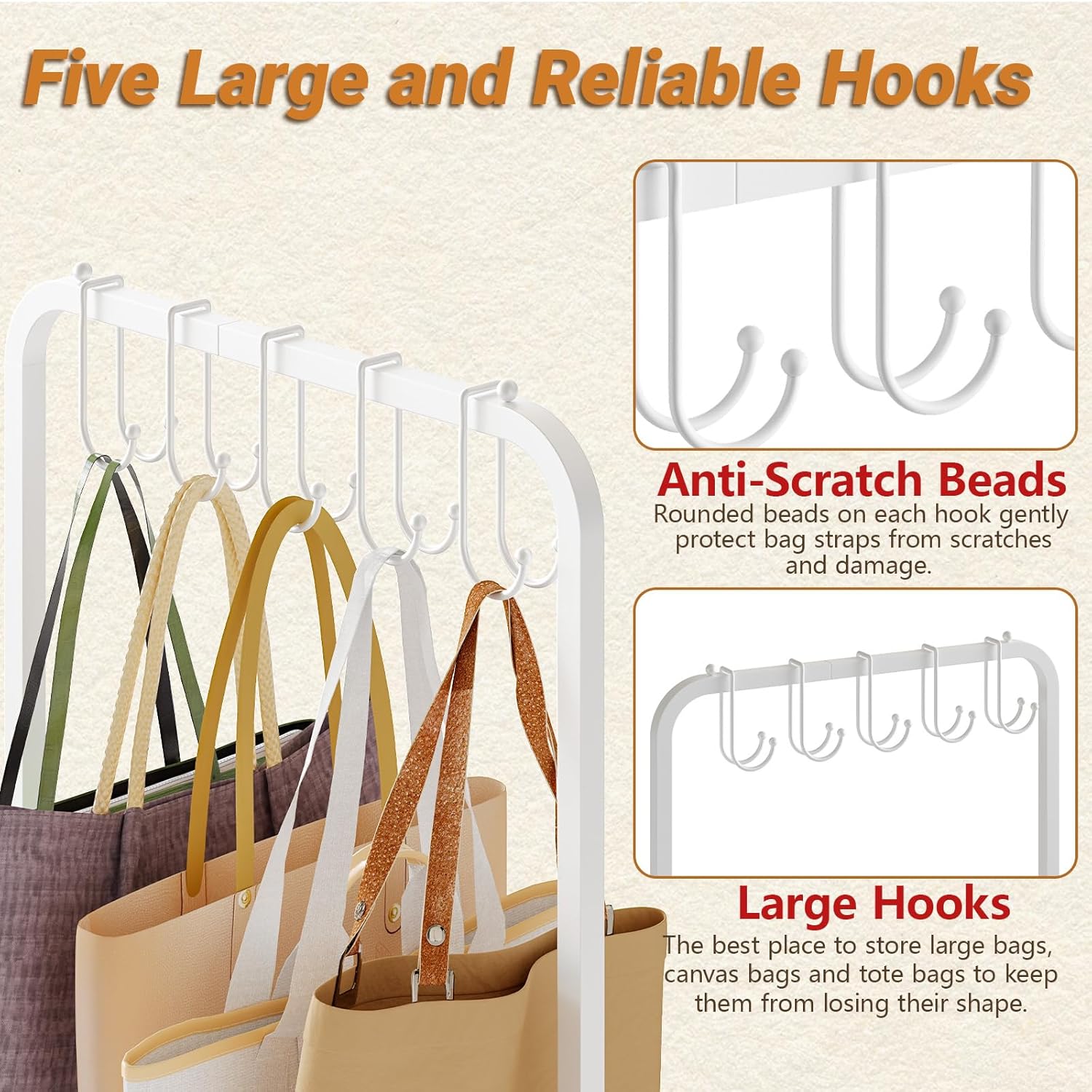 Tall Purse Organizer Stand with 3-Tier Thick Wood + 1-Tier High-Density Mesh, Adjustable Interchangeable, Slim Narrow Freestanding Handbag Rack with 5 Large & 6 Side Hooks, Closet Bag Storage White - Image 8
