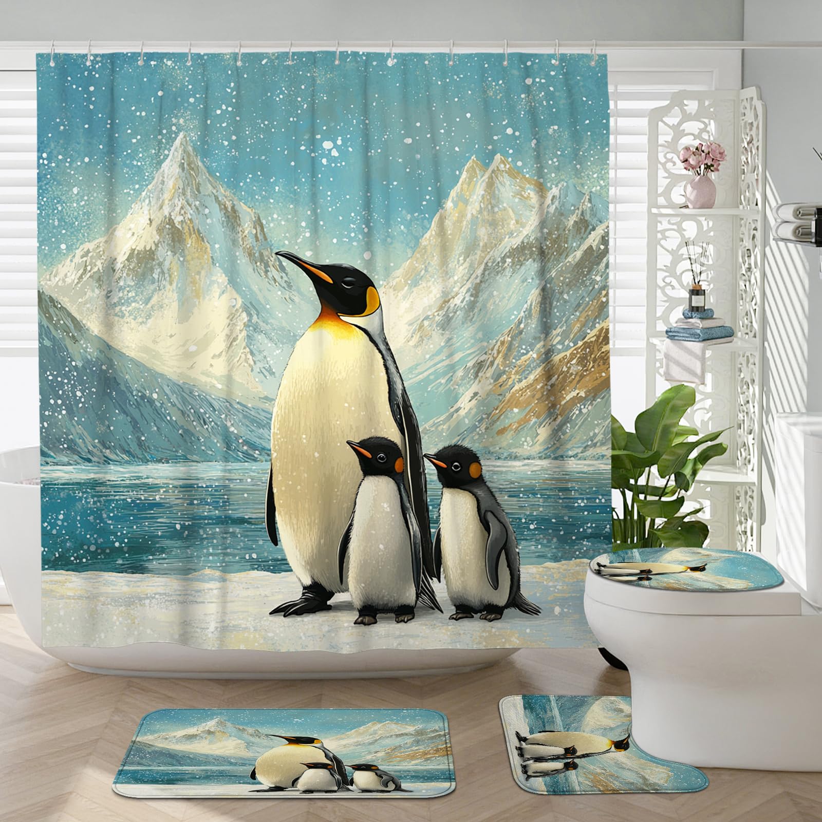 Lot de 4 rideaux de douche d'hiver avec crochets – Ensemble d'accessoires de salle de bain avec tapis de bain, tapis en forme de U et tapis pour abattant de toilettes, motif pingouin antarctique – 183