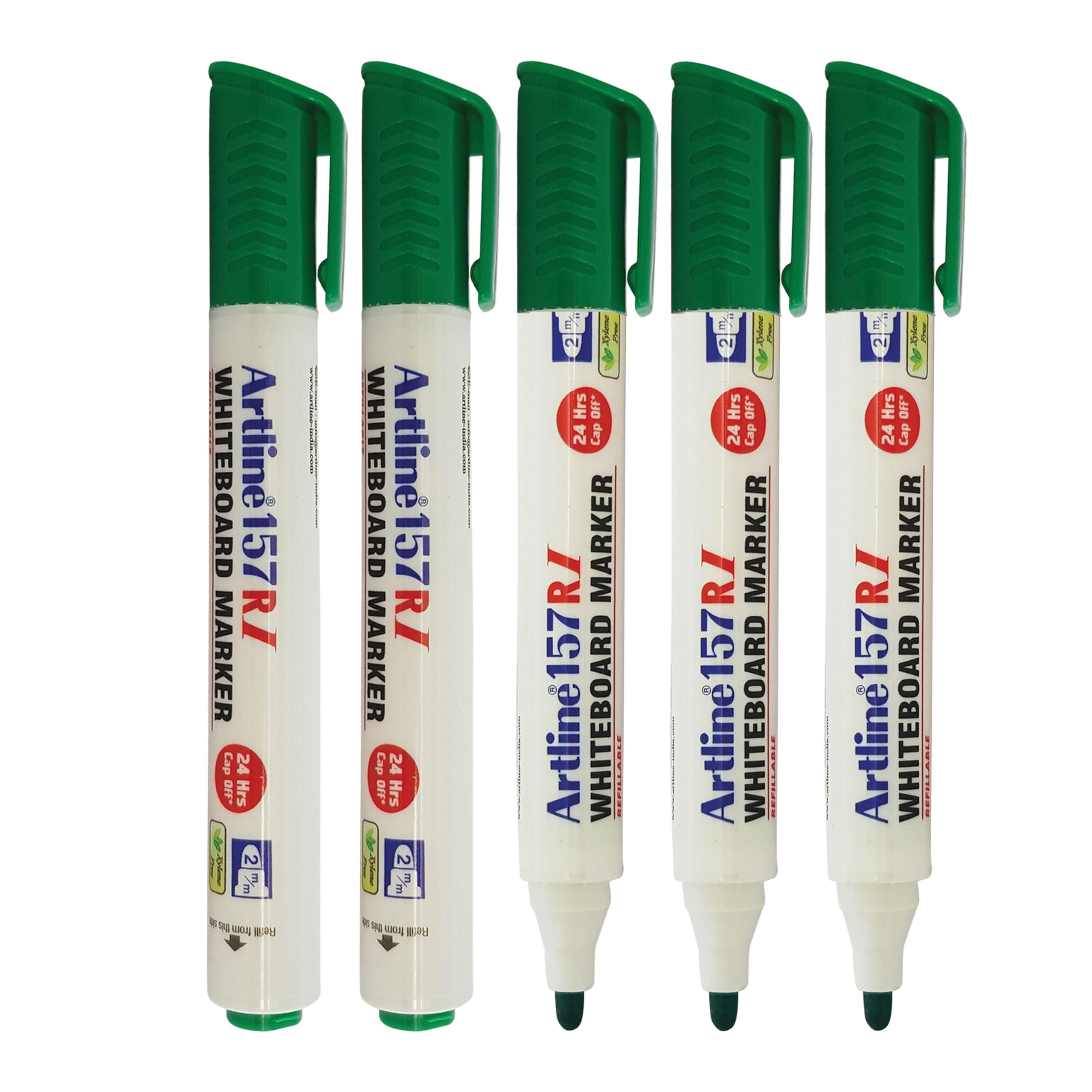 artline 157ri Whiteboard Marker Pens, GREEN, Bold Point (2.0mm), Pack of 5, Easy Wipe Dry Erase Marker Pens, Refillable, School Office Everyday Use