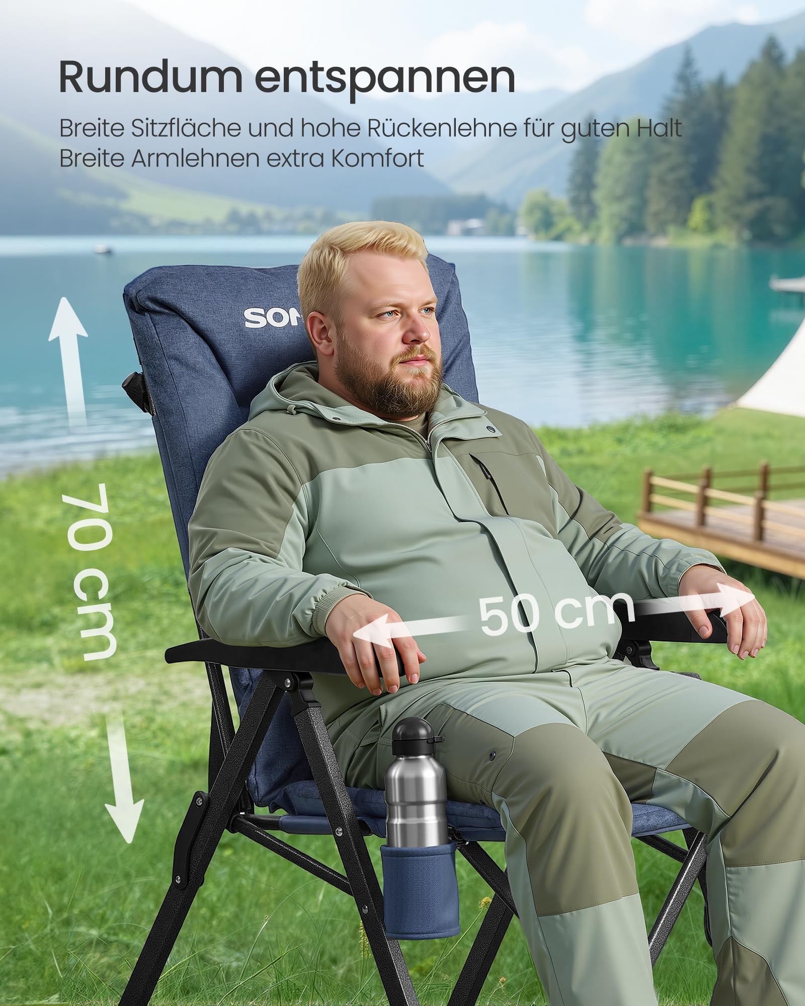 SONGMICS Campingstuhl faltbar, für Erwachsene, 95°-150° verstellbare Rückenlehne, Klappstuhl 6 cm Polsterung, Getränkehalter, Seitentasche, Tragetasche, Garten Camping Angeln, blau GCB016QZ01