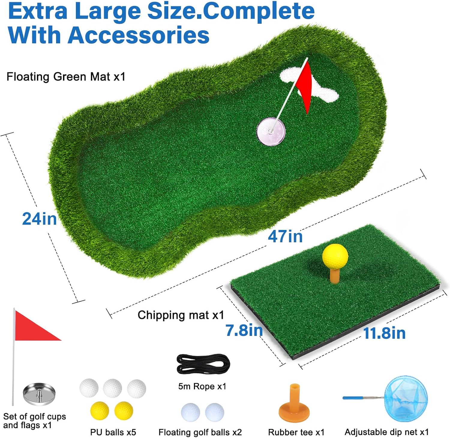 Floating Golf Green for Pool Large Size 47" x 24" Floating Putting Green for Pool, Lake with Ball Retriever & Anti-Drift Ropes for Golfers to Competitive Play and Skill Practice in Outdoor