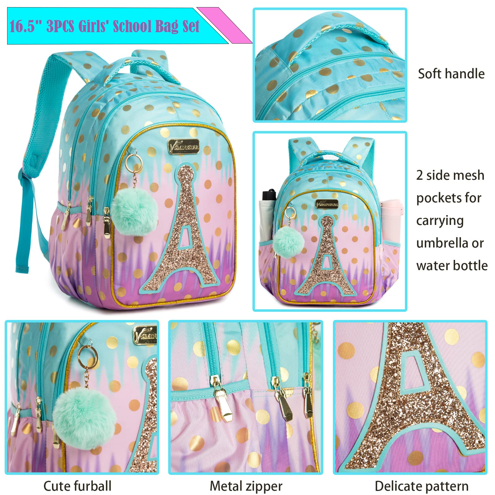 Mochila Escolar Niña Adolescente Colegio Mochilas Infantil 17” 3pcs