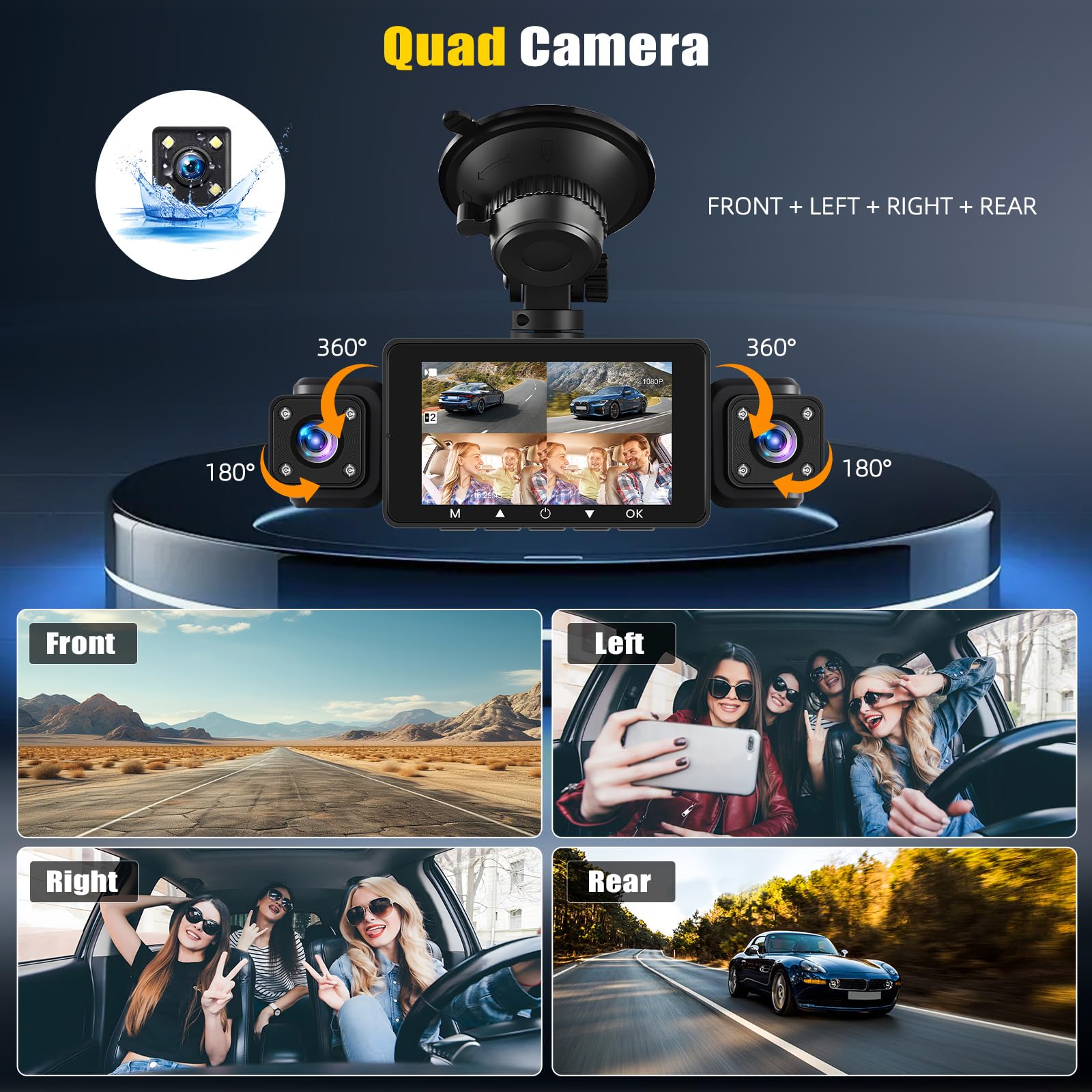 Dashcam 4 Canales Coche con App, 360° Delantera Trasera Interior Izquierda Derecha, Visión Nocturna, Grabación en Bucle, 24H Parking Monitor, Sensor G, Asistencia de Aparcamiento
