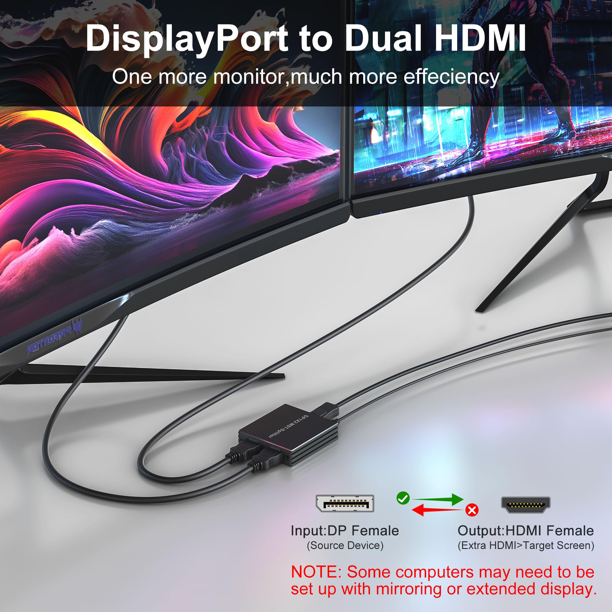 Adattatore DisplayPort a HDMI Dual - Splitter DP per monitor dual 4K @60Hz con display esteso MST 1 in 2 uscite Hub per PC, scheda grafica e altro