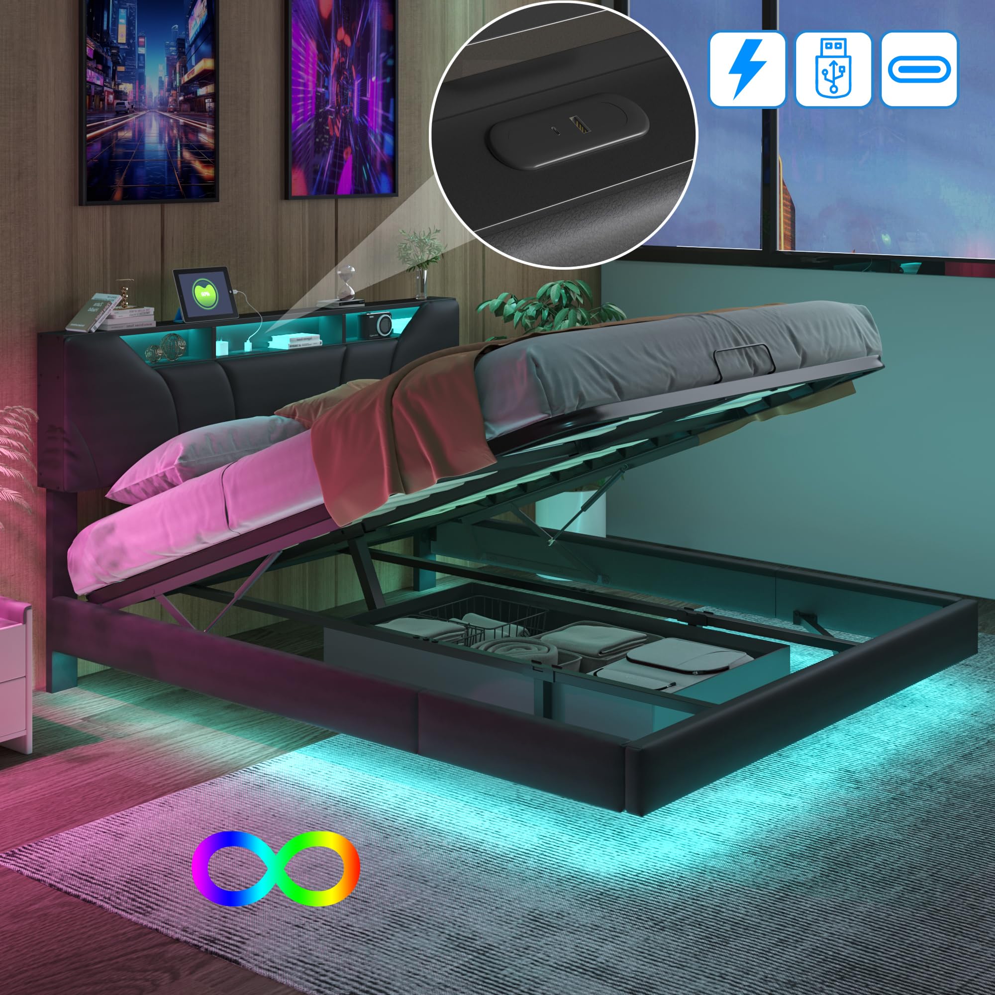 KeepGoon Letto imbottito 160 x 200 cm, comodino con illuminazione a LED, presa USB, barra di pressione dell'aria, letto matrimoniale con cassetta, letto sospeso, materiale PU, testiera con vano