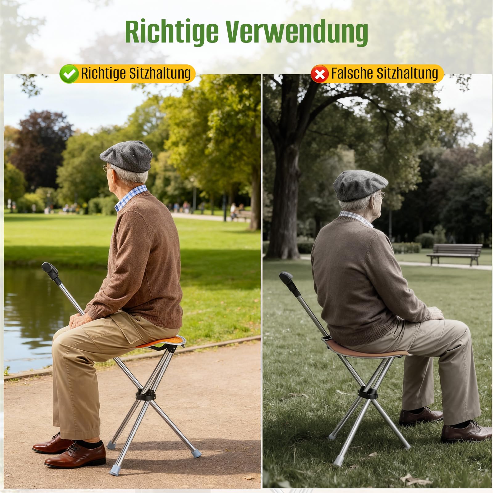 Bastón triangular con asiento, 2 en 1, plegable, peso ligero, 150 kg, para personas mayores y adultos, ideal para viajes al aire libre, camping y montañismo