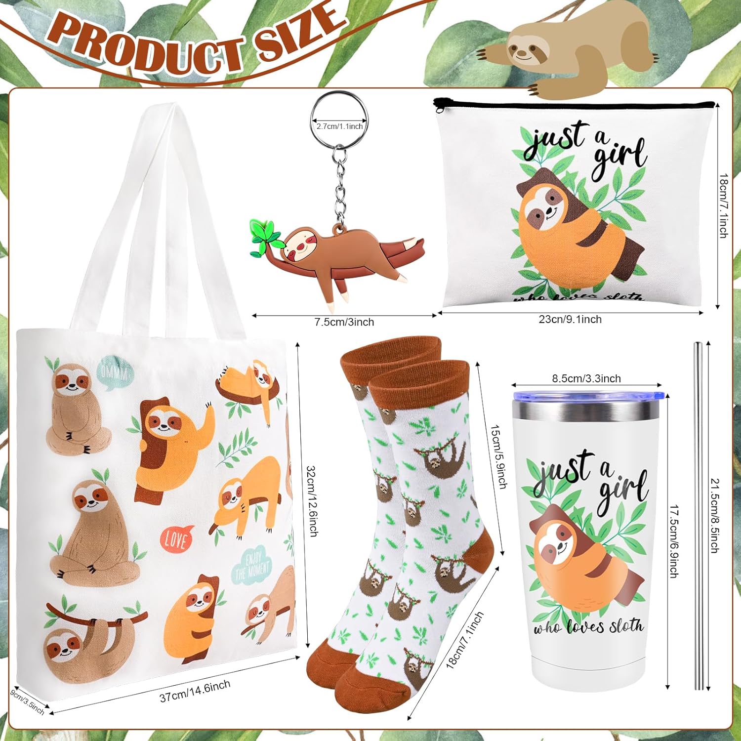 VAIPI 5 Pcs Sloth Gifts for Women Girls Sloth Stuff Include 20 Oz Sloths Stainless Steel Tumbler Canvas Bags Cute Socks Funny Keychain Birthday Christmas Gifts for Her Sloths Lover - Image 2