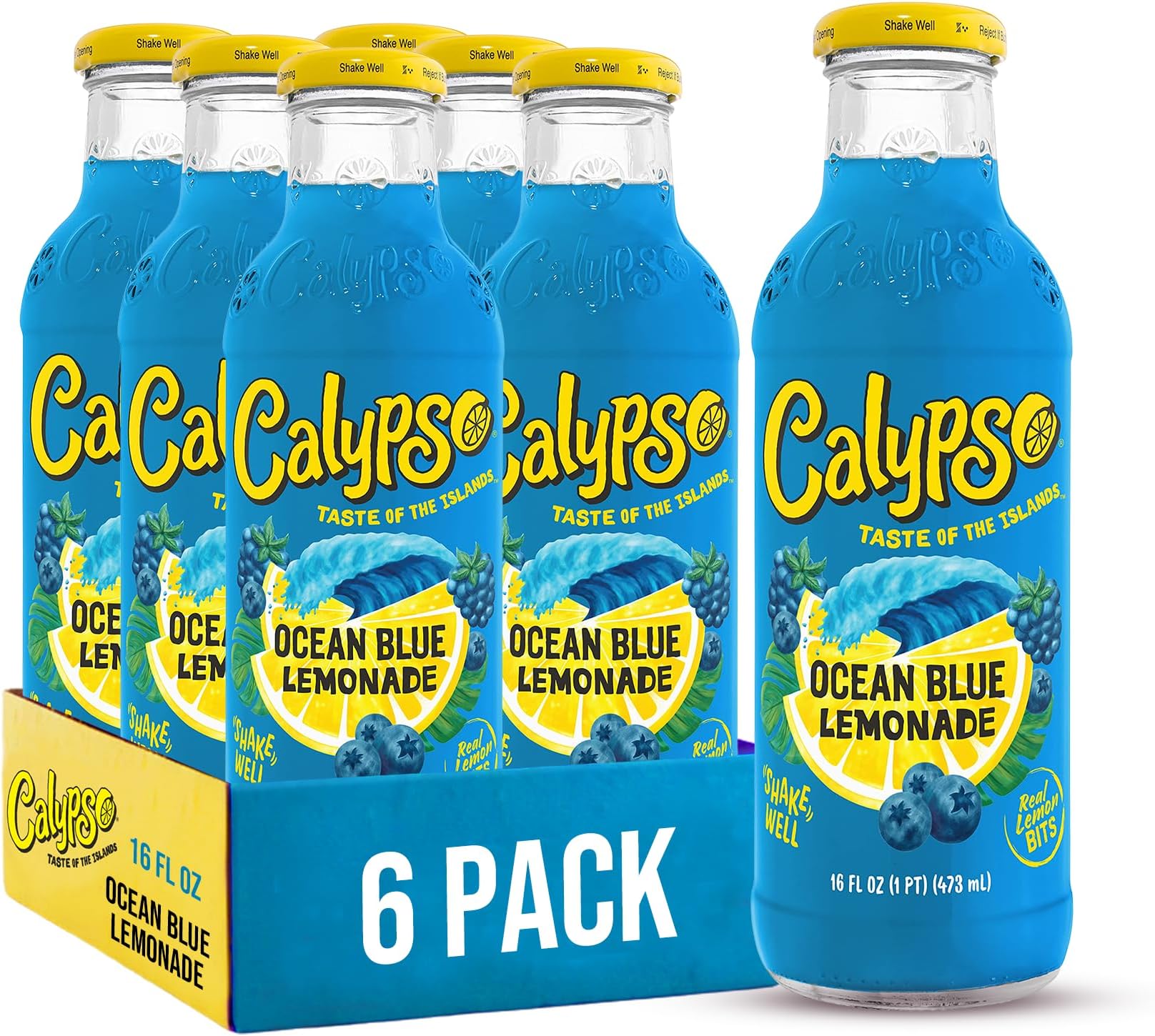 Lemonade, Ocean Blue Lemonade, Made with Real Fruit, 16 Fl Oz Glass Bottles (Pack of 6)