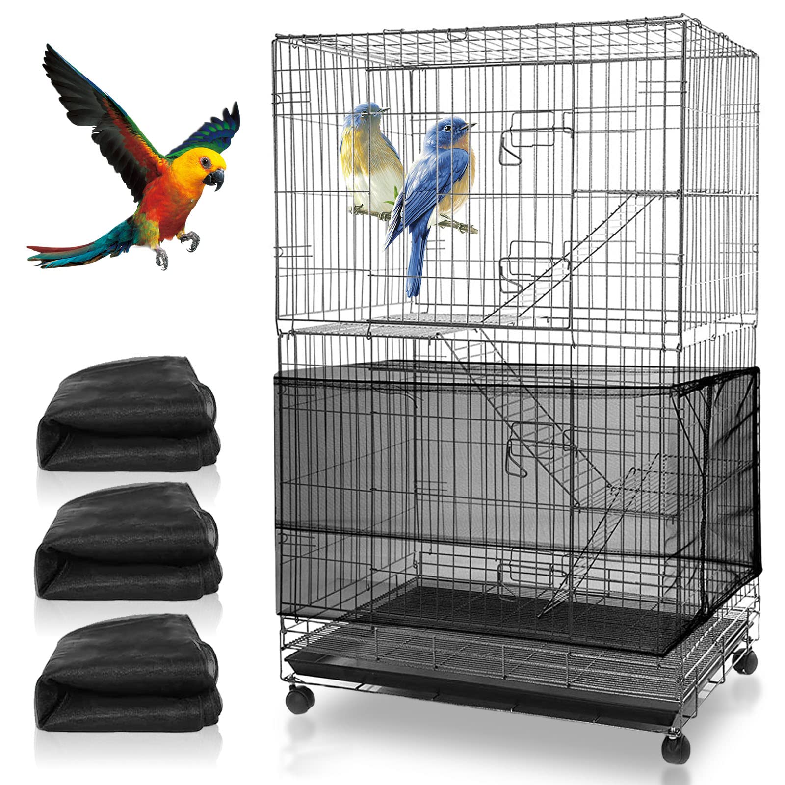 3 Pièces Couverture de Cage à Oiseaux,Extra Large Attrape-Graine 300cm,Housse de Cage à Oiseaux Réglable,Housse pour Cage Oiseaux Maille,Housse Cage Oiseau pour Cages à Oiseaux Attrape Graine