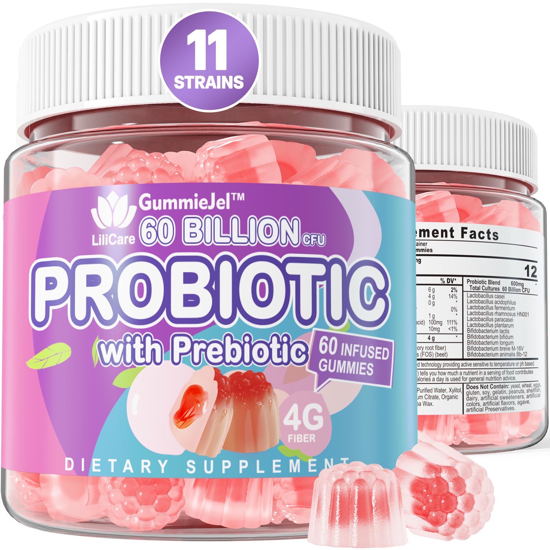 Sugar Free Probiotic Gummies 60 Billion CFU 11 Strains with Prebiotics Fiber, Probiotics Filled Gummies for Women Men Digestive , Peach Flavor, Supports , Diarrhea,  & Bloating