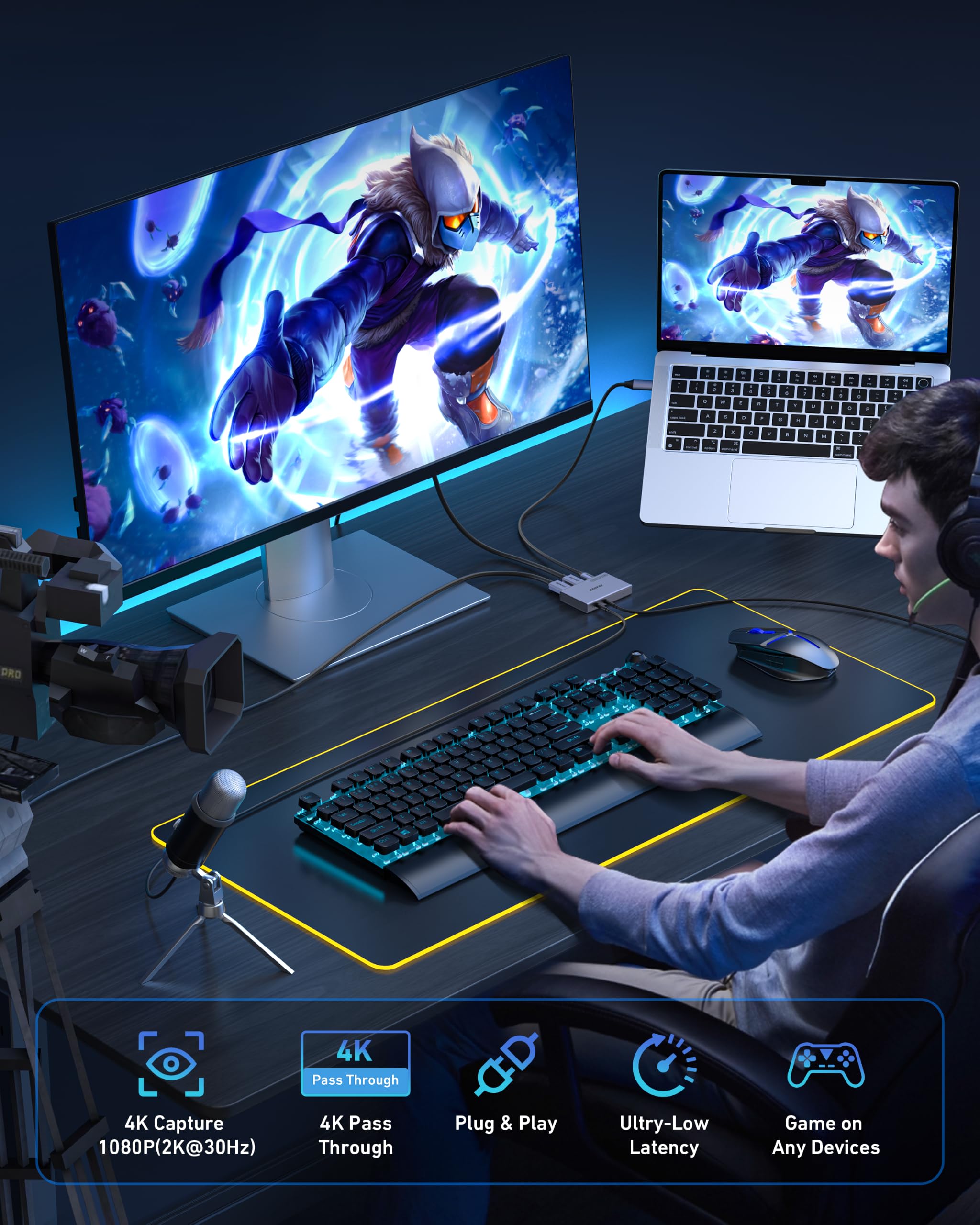 BENFEI Carte de capture vidéo HDMI vers USB-C 4K@60Hz avec sortie boucle, appareil de capture de jeu basse latence 1080P 60FPS pour streaming, jeux, Switch, PS4/5, Xbox, Mac, ordinateur portable