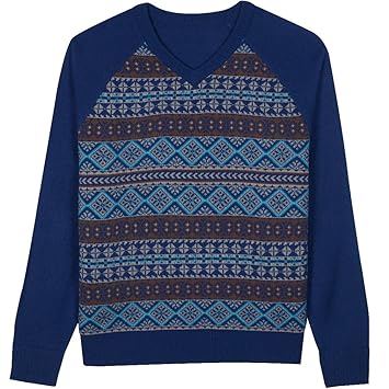 Blueberry Pet Unisex Fair Isle Style V-Neck Sweater in Yale Blue, XX-Large