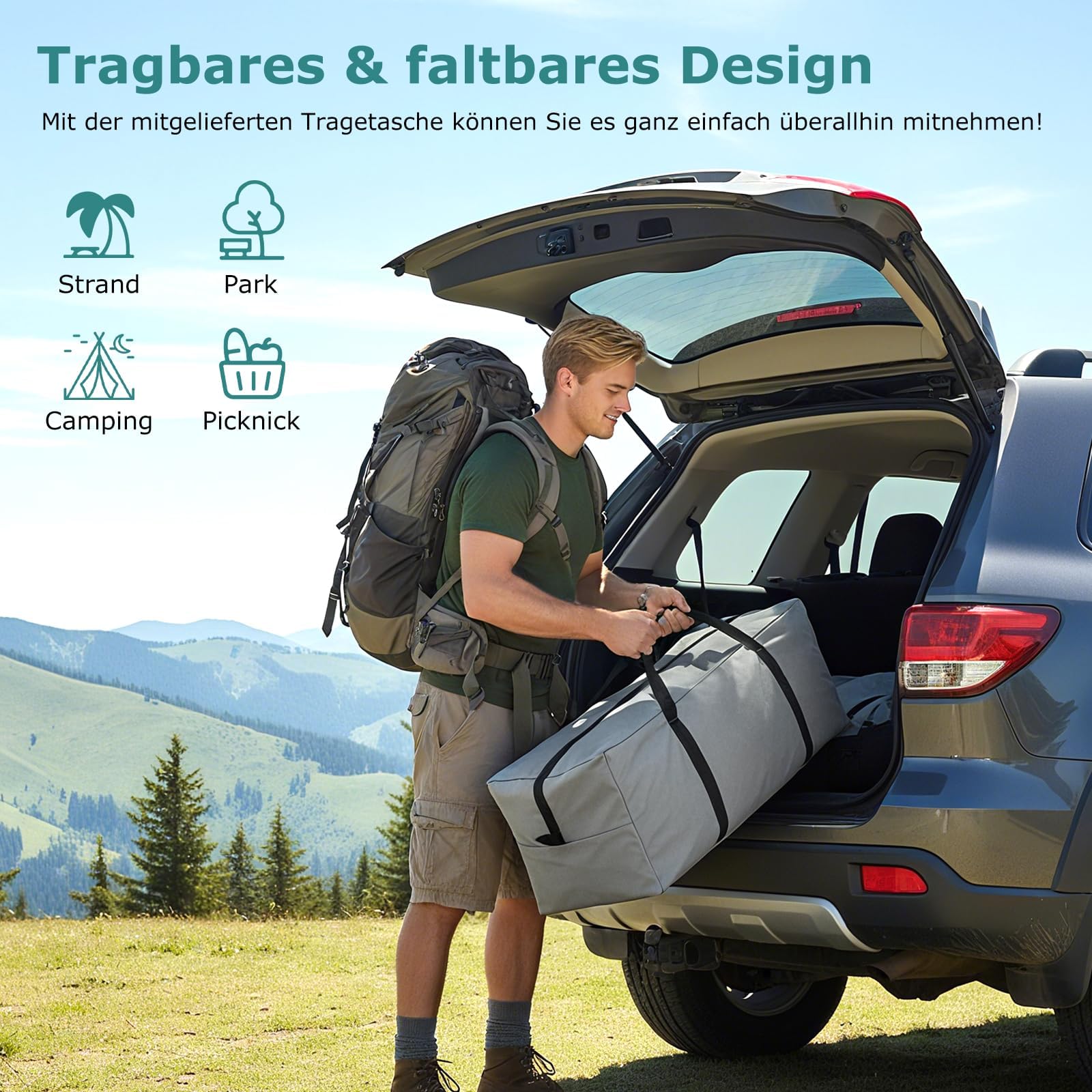 GYMAX Tunnelzelt 4-10 Personen, Wasserdicht 3000mm, Stehhöhe 1,8-2m, Camping Zelt mit 2 Eingänge, Vordach & abnehmbares Doppeldach, große Familienzelt für Camping, Reise & Trekking