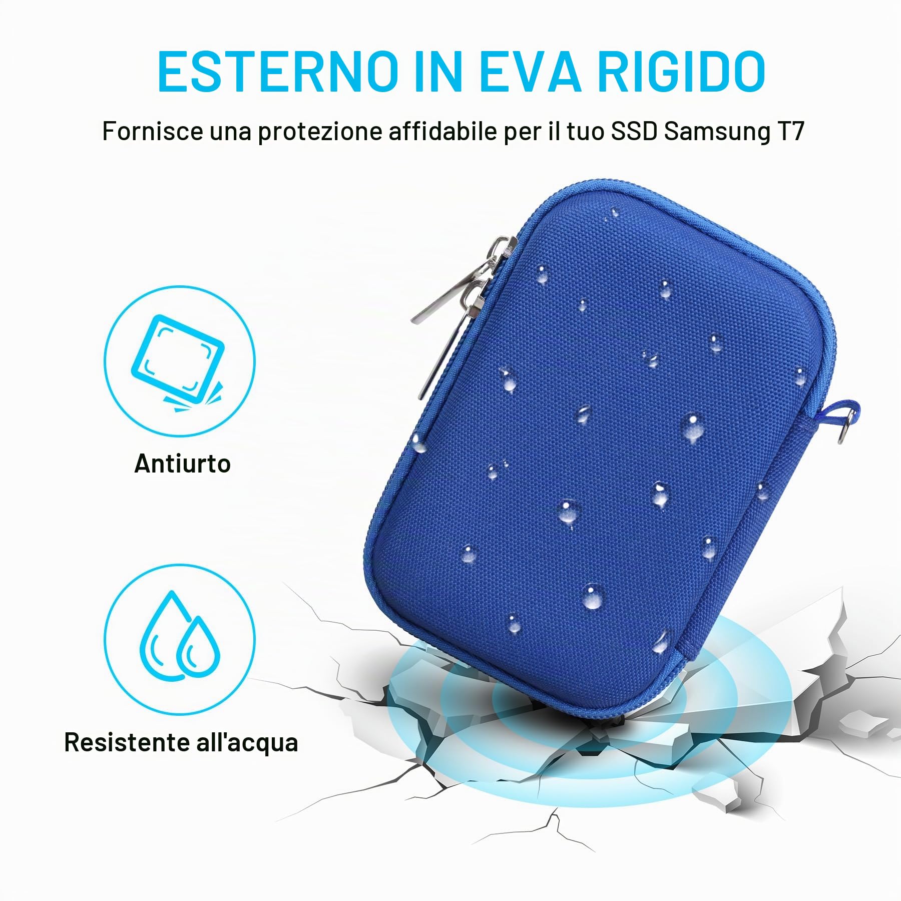Lacdo Custodia Hard Disk Esterno per Samsung T7 / T7 Touch Portable SSD, External Solid State Drives 500GB 1TB 2TB 4TB USB 3.2 Gen 2 Custodia Rigida Impermeabile Protettiva Borsa, Blu