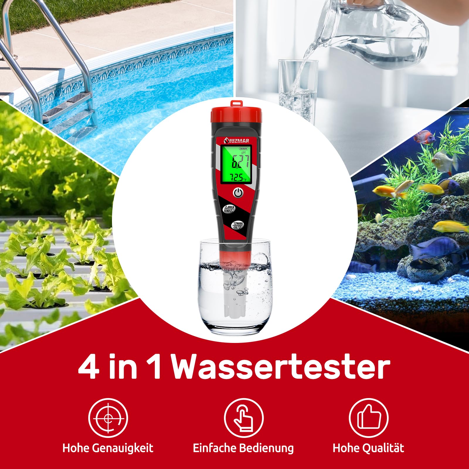 UIUZMAR pH Wert Messgerät Pool pH und EC Messgerät Grow Digital Wasserqualität Tester für Trinkwasser 4 in 1 pH EC TDS Temperatur Messgerät für Wasser Hydrokultur, Pflanzen pH Wert Messer