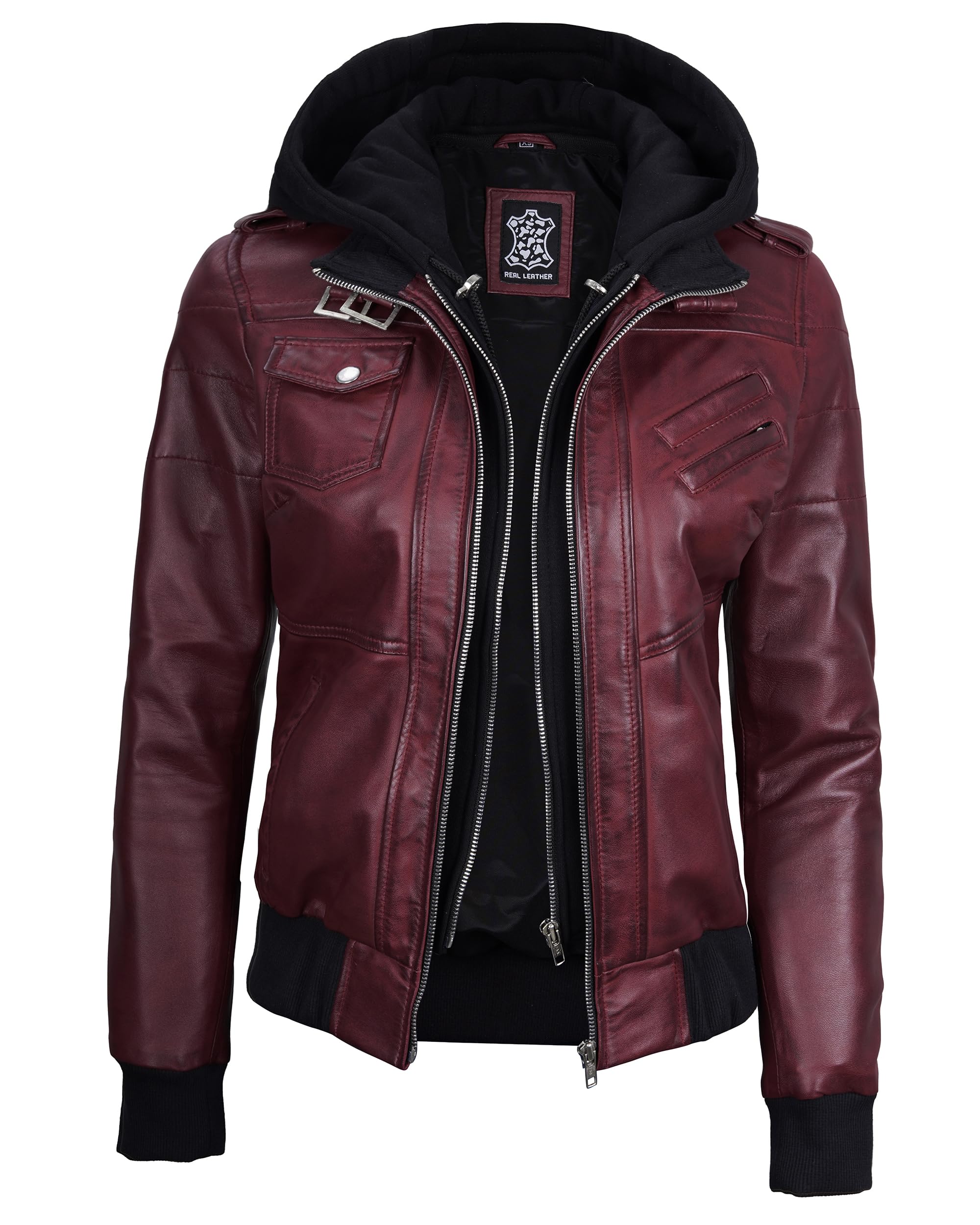 Decrum Detachable Hooded Leather Jacket Women - Real Lambskin Leather Bomber Jacket Women with Hood