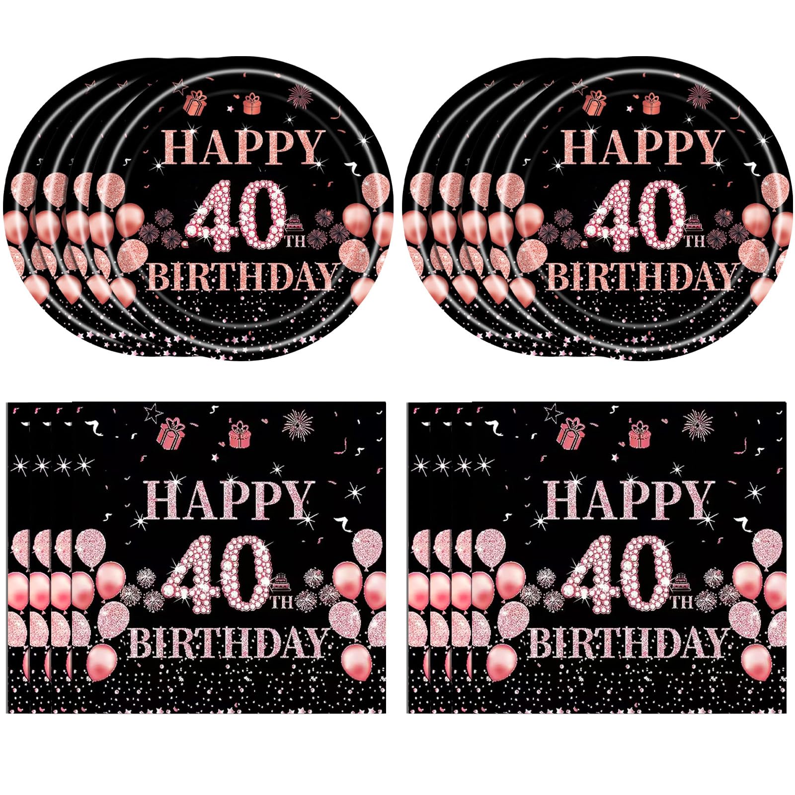 Juhap 40th Birthday Decorations for Her, 40 Years Old Birthday Decorations for Women, Rose Gold 40th Birth Supplies for 20 Guest Happy 40th Party Tableware Includes 20 Plates and 20 Napkins