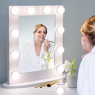 SUPER DEAL Hollywood Vanity Mirror with Lights - Free Standing Makeup Beauty Cosmetic Mirror with 12 Dimmable LED Bulbs - Detachable Base for Tabletop or Wall Mounted Optional