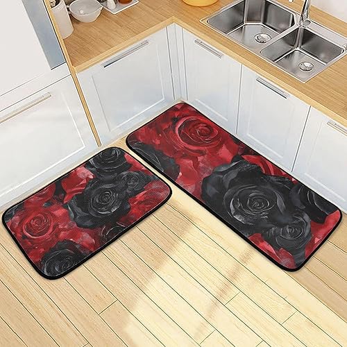 Miniatura 2 de Juego de alfombrillas de cocina con rosas rojas y negras, alfombras de cocina acolchadas y absorbentes de agua para fregadero de cocina, cuarto de
