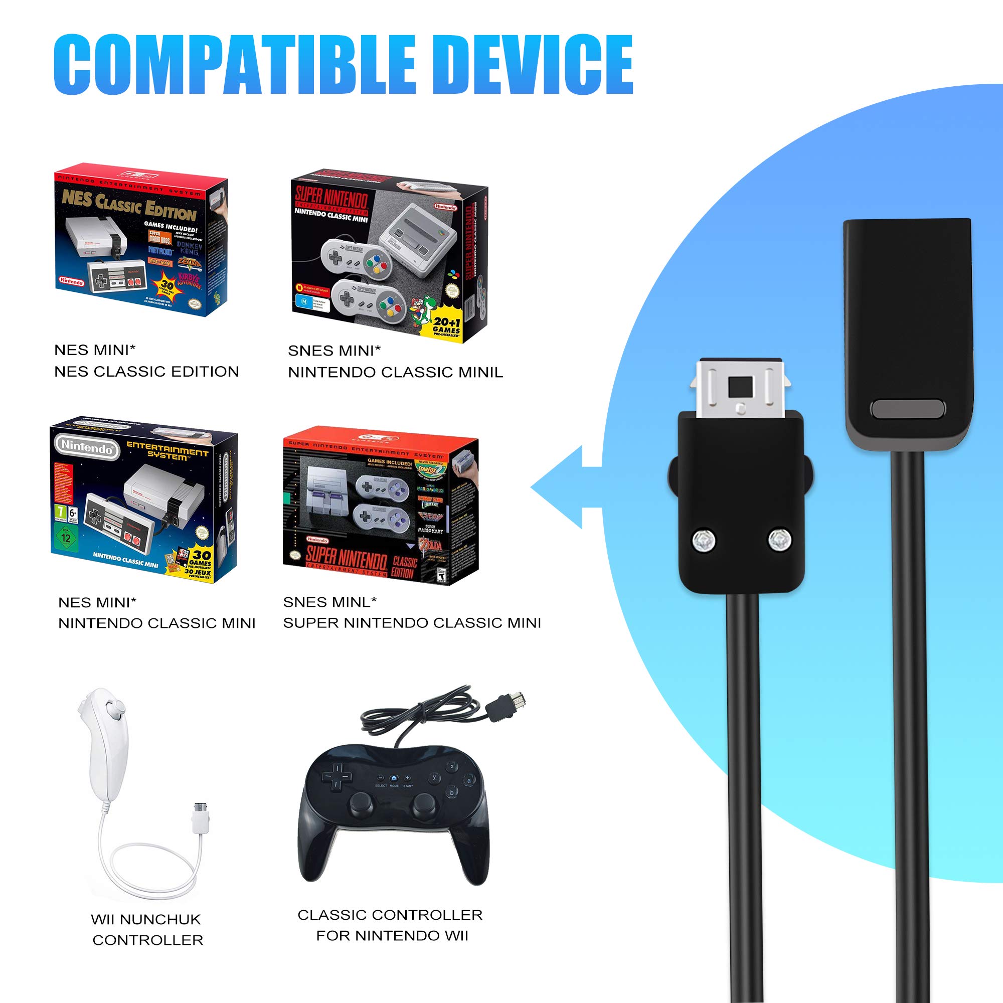 2 cavi di prolunga NES Classic da 3 m, cavo di alimentazione SNES per controller Super Nintendo SNES Classic Edition (2017)/Mini NES Classic Edition (2016)/Wii/Wii U Controller