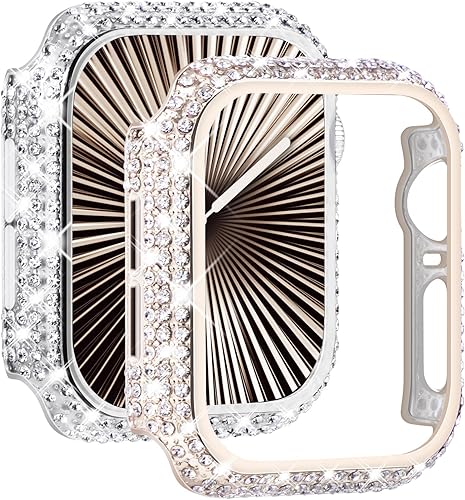Miniatura 10 de NewWays Paquete de 2 carcasas con diamantes brillantes para Apple Watch de 1.772 pulgadas para mujer, parachoques protector con diamantes totalmente