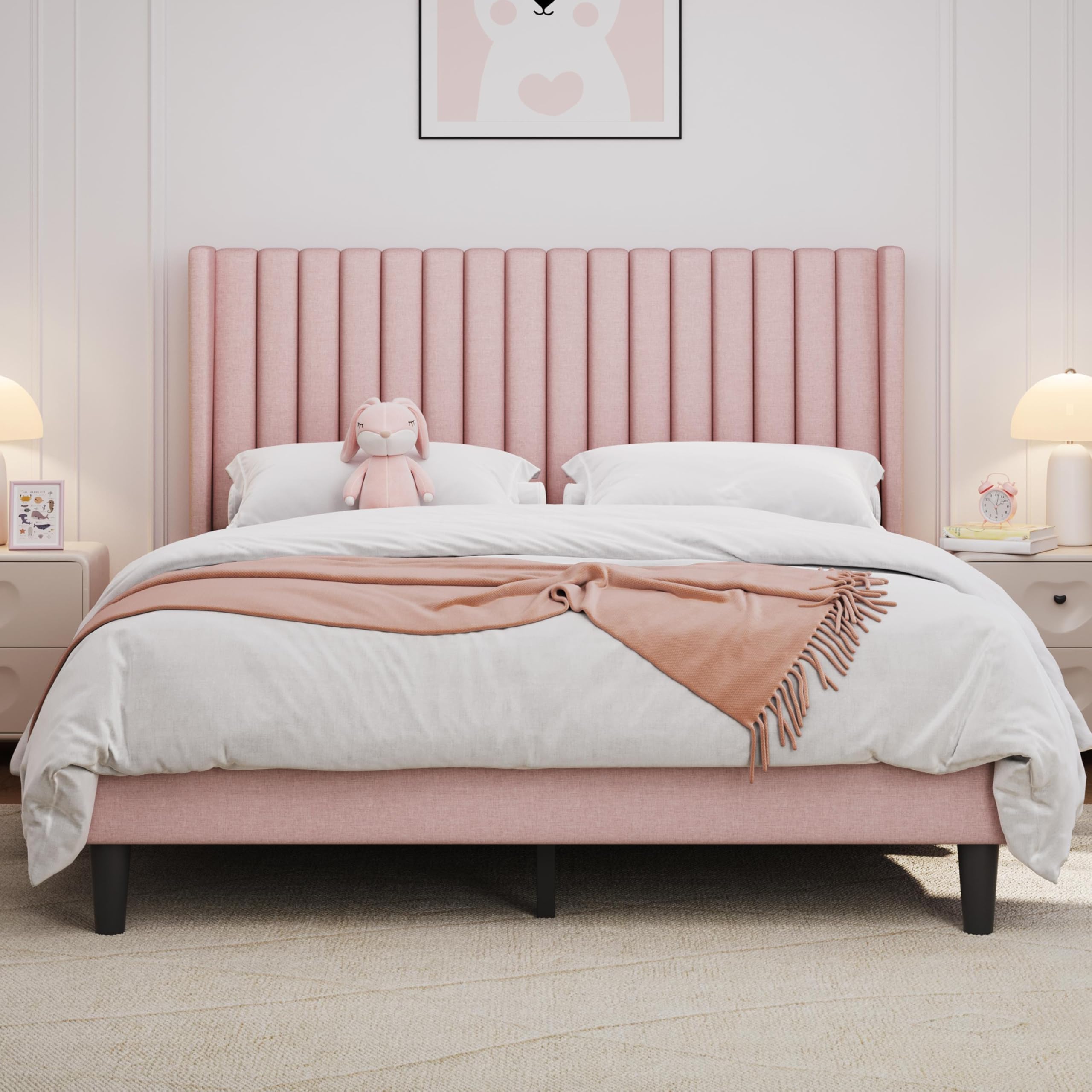 Queen Bed Frame Upholstered Platform Bed with Fabric Headboard, Wing Edge Design/Non-Slip and Noise-Free/Wooden Slats Support/No Box Spring Needed/Easy Assembly, Pink Queen Bed