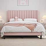 Yaheetech Queen Bed Frame Upholstered Platform Bed with Fabric Headboard, Wing Edge Design/Non-Slip and Noise-Free/Wooden Slats Support/No Box Spring Needed/Easy Assembly, Pink Queen Bed