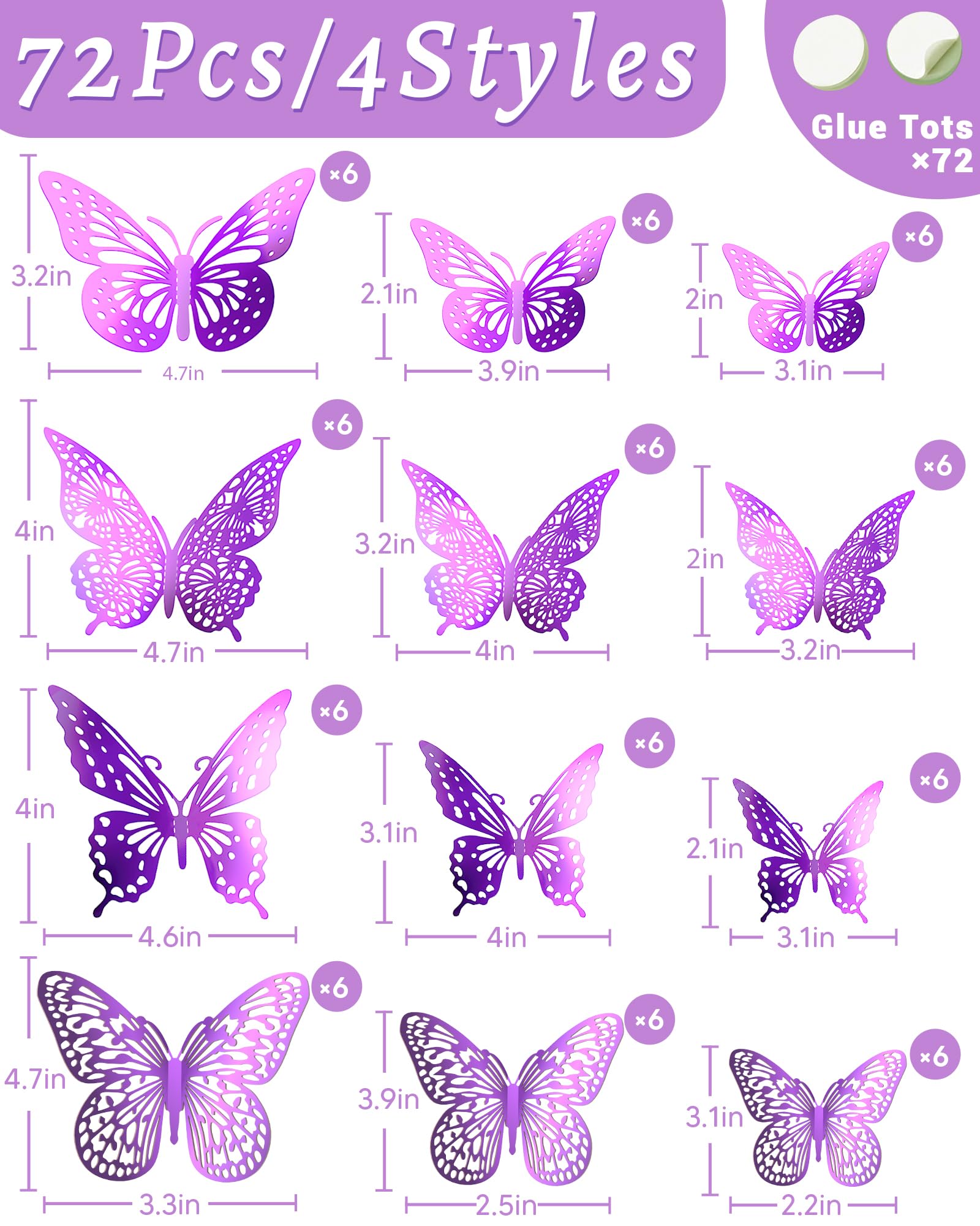 Lot de 4 magnifiques autocollants muraux papillons 3D amovibles