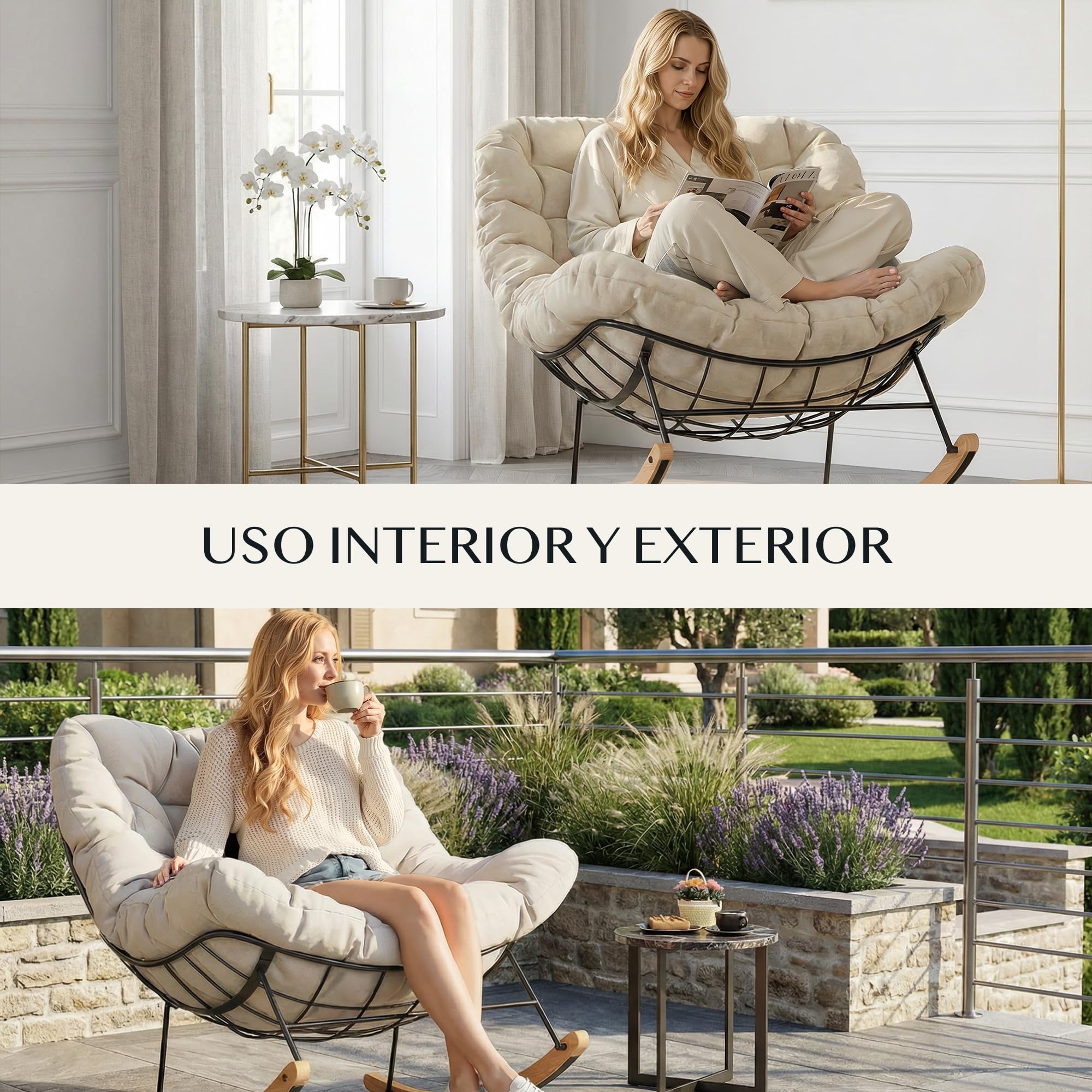 FLEXISPOT Sillón Mecedor XL, Silla de Lactancia Grande, Cojín Grueso Transpirable, Impermeable y Antidescolorante, Balanceo Suave, Estructura Metálica Estable, Salón, Dormitorio, Balcón, Jardín, Beige