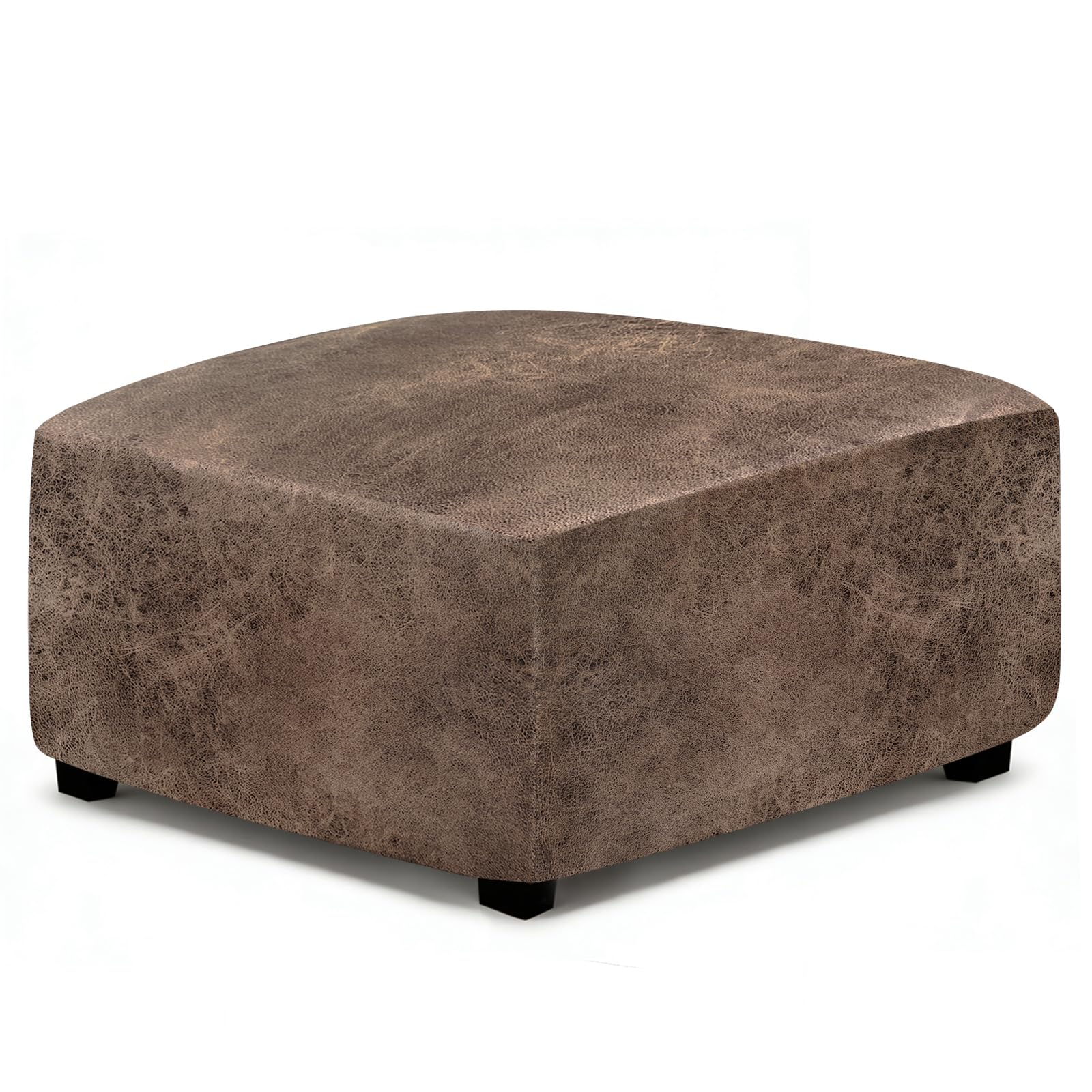 ANARACHON Leather Like Ottoman Cover, Stretch Small Square Ottoman Covers, Rectangular Ottoman Slipcovers with Removable Washable Non-Slip Elastic Bottom for Footstools (02 Light Brown, XX-Large)