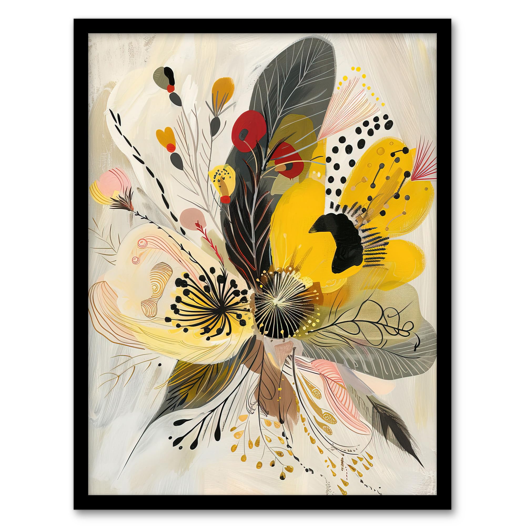 Artery8 Abstract Flower Bouquet Muted Tones Folk Art Living Room Artwork Framed Wall Art Print A4