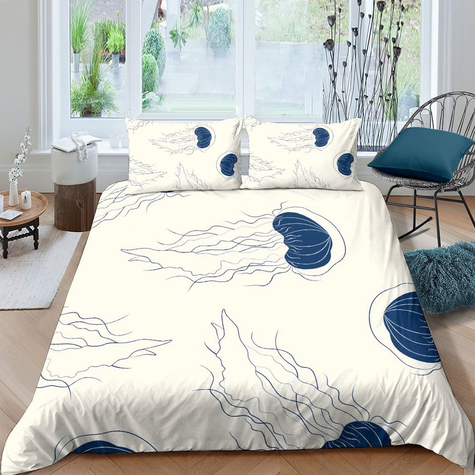 Ctjqhvkz Style-10 3D Printed Jellyfish Fitted Sheet Microfiber Soft Breathable Ocean Blue Mattress Cover For Bedroom Decor Single（135X200cm）