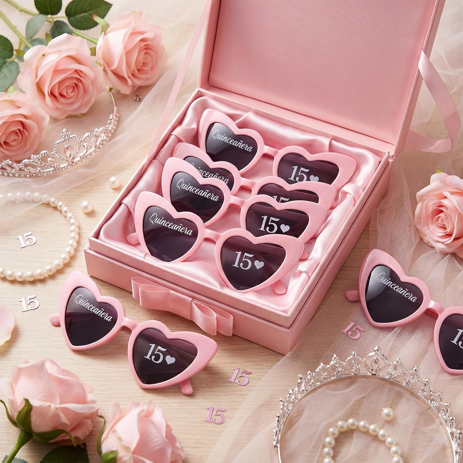 Konohan 12 Pcs Quinceañera Party Favors 15 Quinceañera Sunglasses Mis 15 Quince Heart Shaped Glasses for Guest Birthday