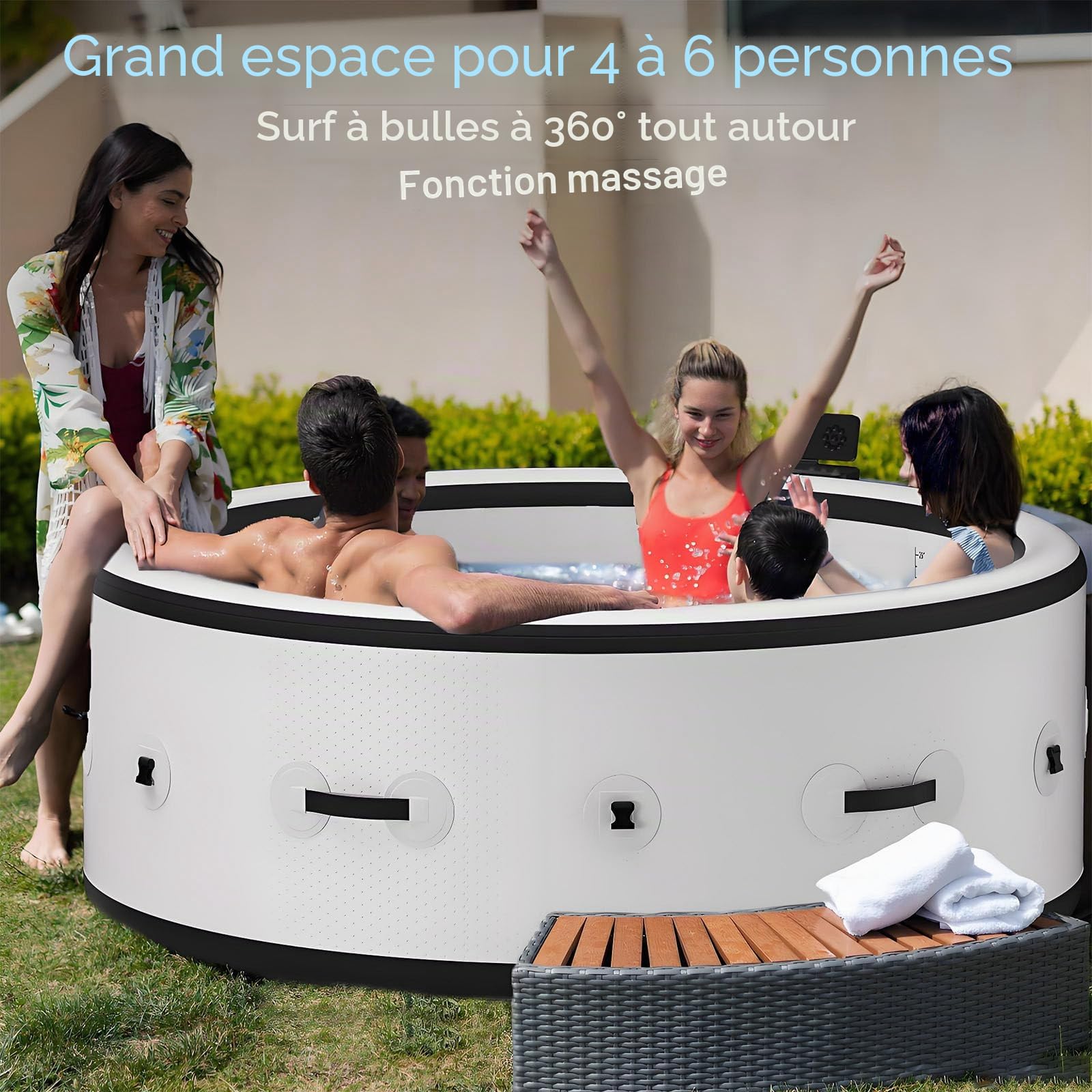 Spa Gonflable Tout-en-Un, Baignoire à Remous pour 4-6 Personnes avec Chauffage Économique et Jets à Bulles, Oasis Ultime pour Jardin, Incluant Couverture Isotherme et Éclairage LED L