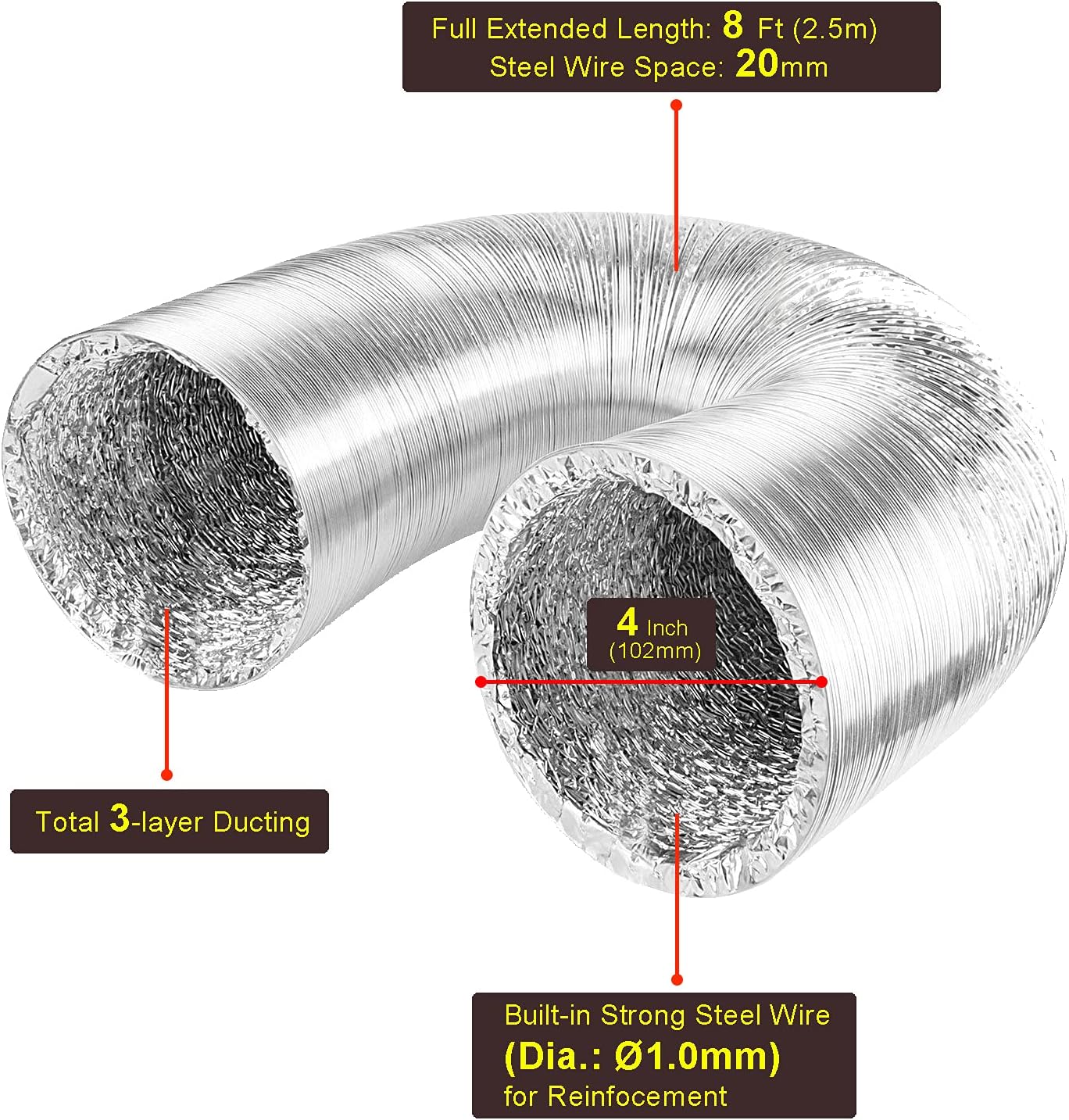 LOOTICH New Version Sturdy 4 Inch 8 Feet Non-Insulated Flex Air Aluminum Ducting Vent Hose for HVAC Ventilation with 2 Stainless Steel Clamps