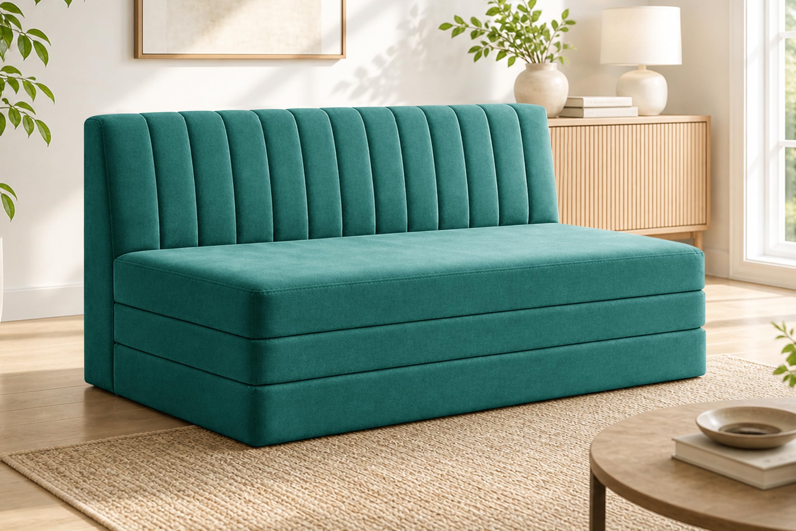Ministry of Décor 3-Seater Foldable Floor Sofa Bed with, Modern Velvet Fabric Folding Couch for Living Room, Guest Room & Small Spaces-Green