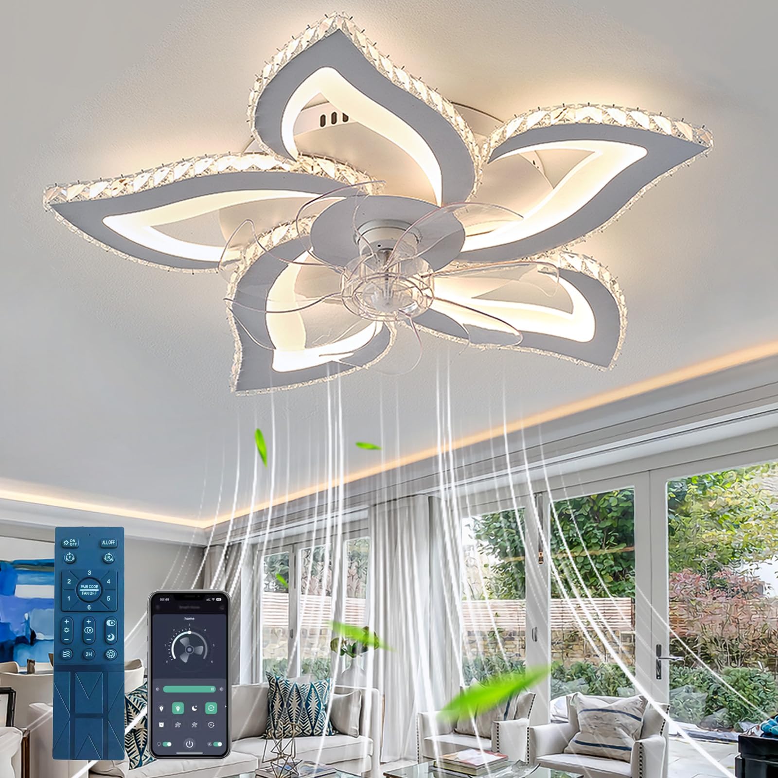 Ventilateur de plafond en cristal LED 40W dimmable avec télécommande pour salon