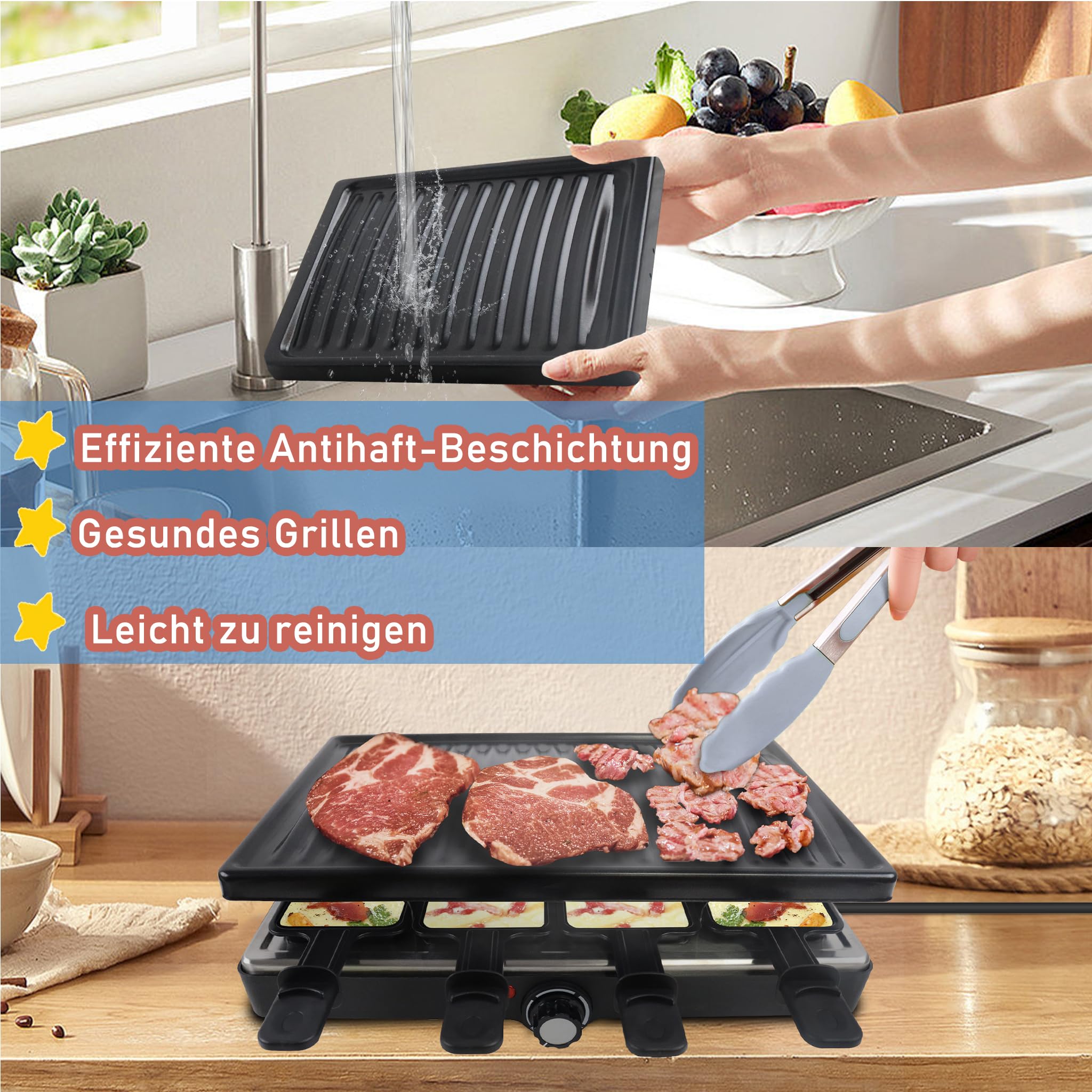 YRHome Grill raclette dla 8 osób, wielofunkcyjny grill z płytą kamienną i płytą grillową, 1400 W, 8 patelni i drewniana szpatułka, bezstopniowa regulacja temperatury, grill elektryczny do grillowania