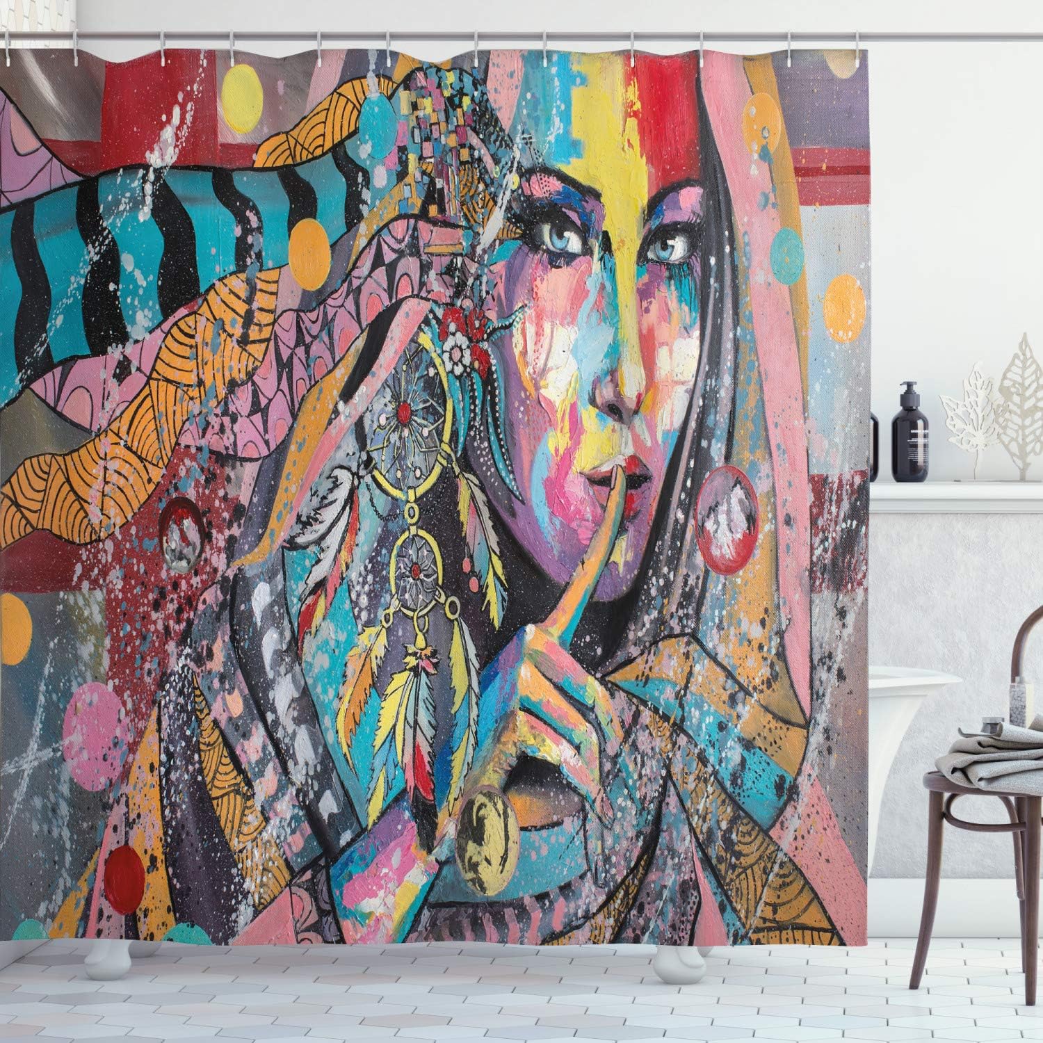 Ambesonne Modern Art Shower Curtain, Fine Art Illustration of a Bohemian Lady Dreamcatcher and Murky Oriental Boho Ethnic Form Painting, Fabric Bathroom Decor Set with Hooks, 69" W x 75" L, Pink Grey