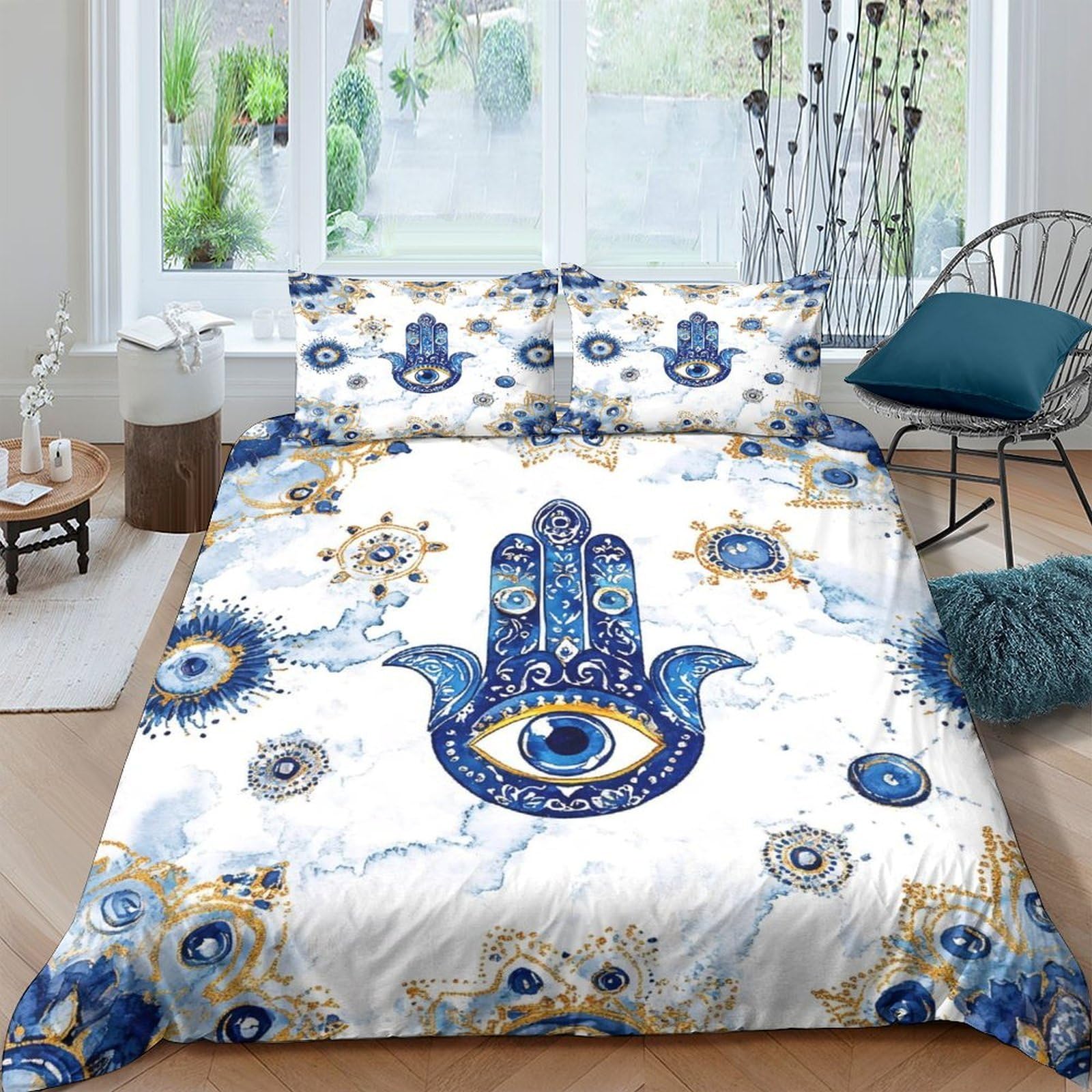 Ctjqhvkz Style-6 3D Printed Hamsa Hand Fitted Sheet Microfiber Soft Blue Mandala Eye Bed Cover Non Slip Bedroom Decor Single（135X200cm）