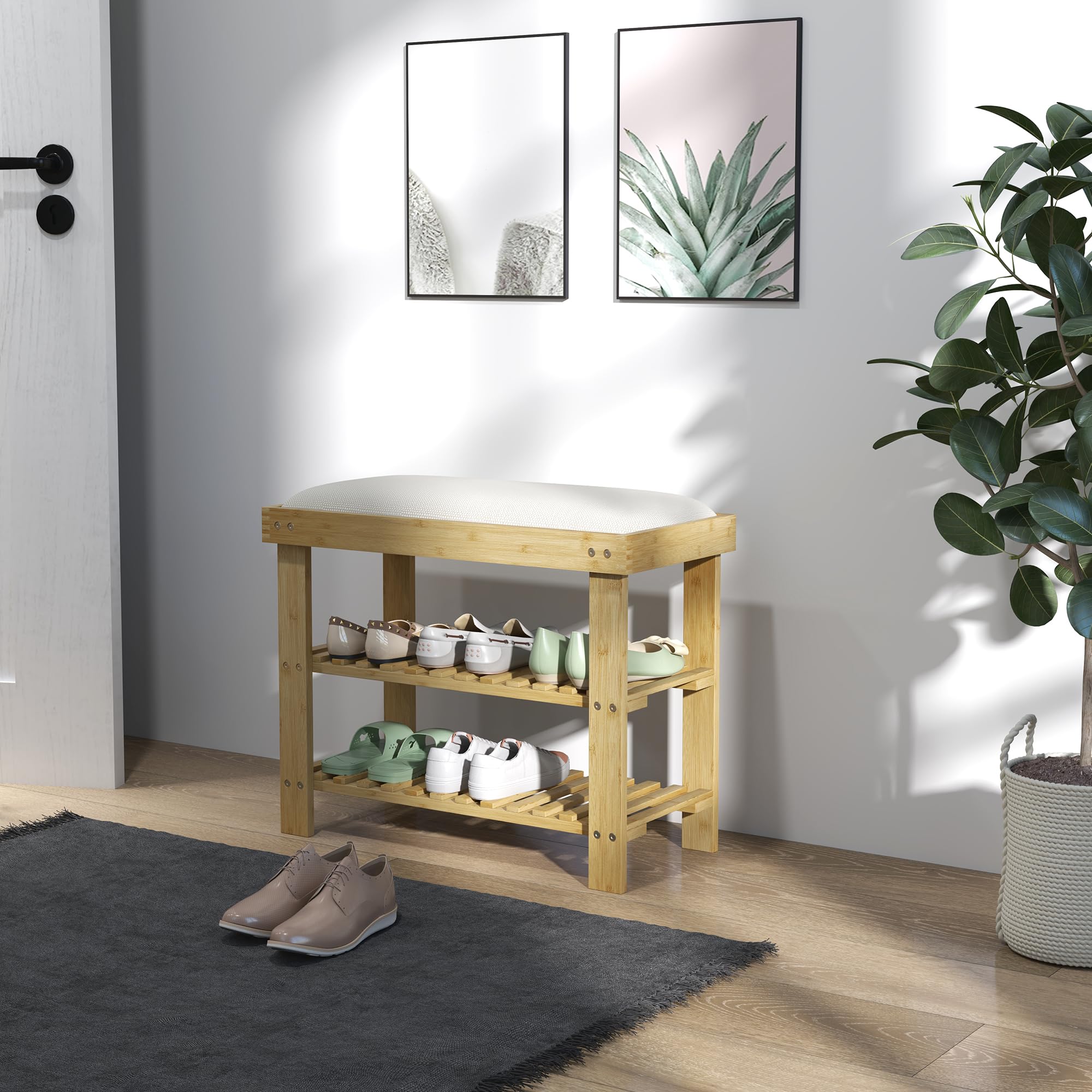 HOMCOM Banc à Chaussures en Bambou 60 x 29 x 49 cm, Crème et Bois Naturel | Étagère à Chaussures à 3 Niveaux, Style Scandinave, Banc de Rangement, pour Entrée, Salon, Chambre, Charge 150 Kg