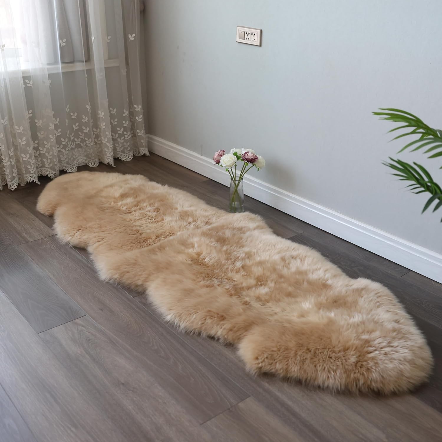 Sheepskin Rug, Fluffy Shaggy Area Rug, Super Soft 24‘ x 72’ Sheepskin Hair Rug, Plush Rug, Decorative Rugs for Bedroom, Children's Room, Living Room (Khaki Camel, 24" x 72") 2' x 6' (Sheepskin shape) Khaki Camel